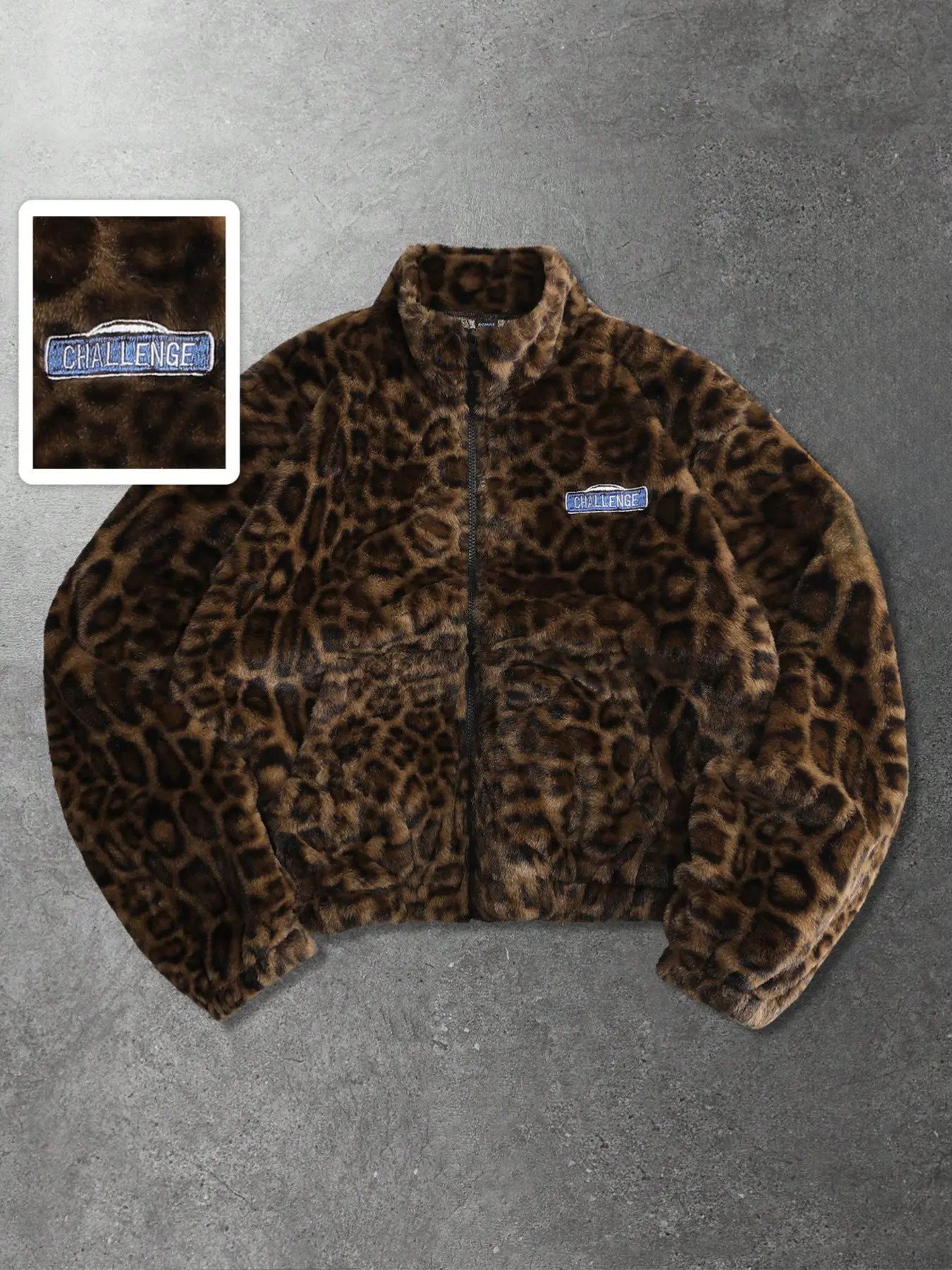 Y2K Leopard Print Fuzzy Zipper Embroidered Jacket, Unisex Fall Winter Coat, Vintage Filter, Challenge Embroidery, Stand Collar, Loose Fit, Trendy