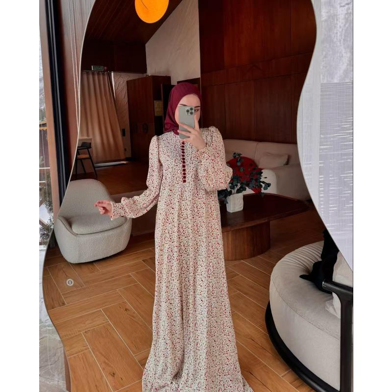 2026 Muslim Women's Clothing Spring and Autumn New Small Floral Long-sleeved Pendulum Dress