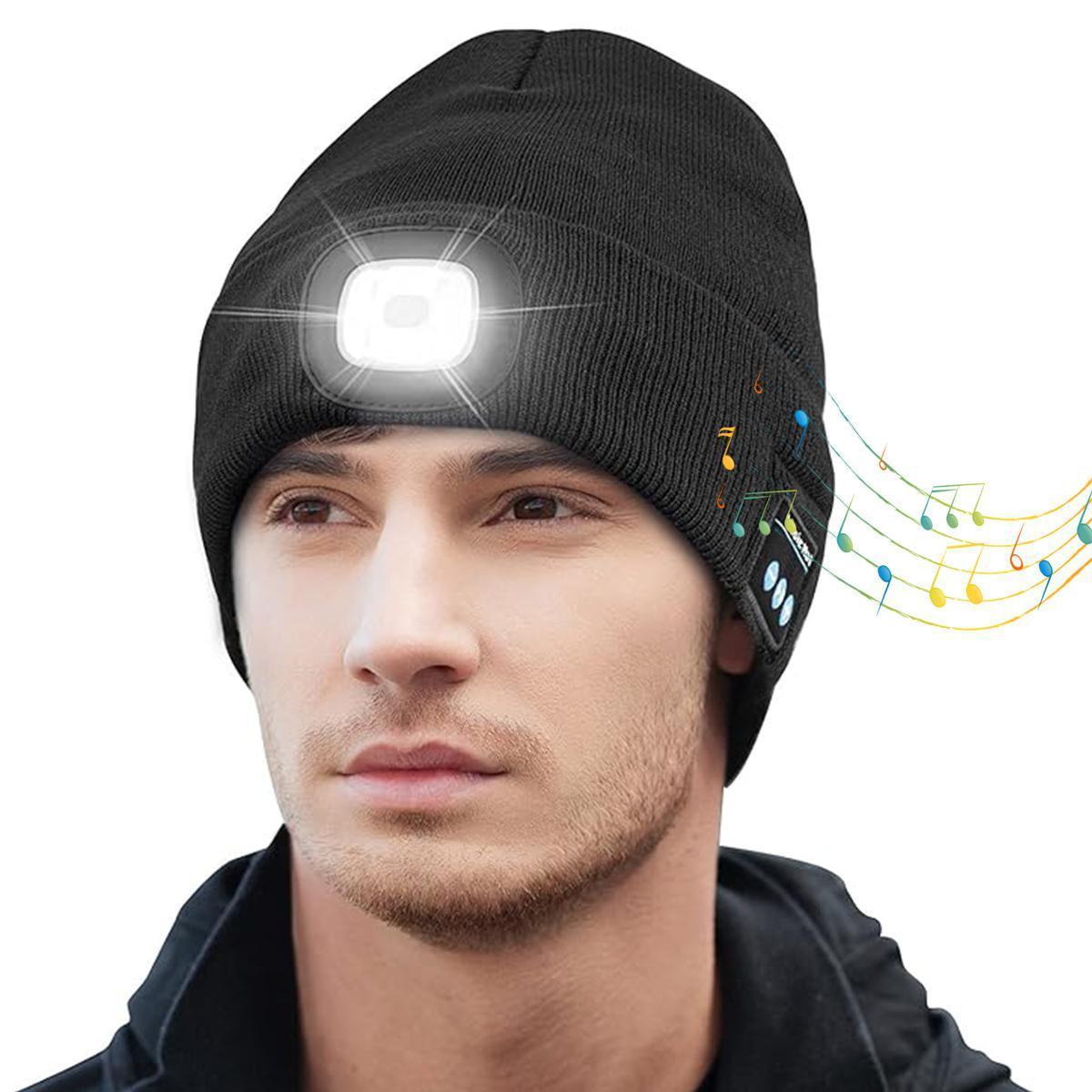 Bluetooth Beanie with LED Headlight and Removable Speaker, USB Rechargeable Wireless Knit Winter Cap Built-in Microphone for Music and Calling, Unisex Christmas Birthday Gift for Men Him Husband Teen