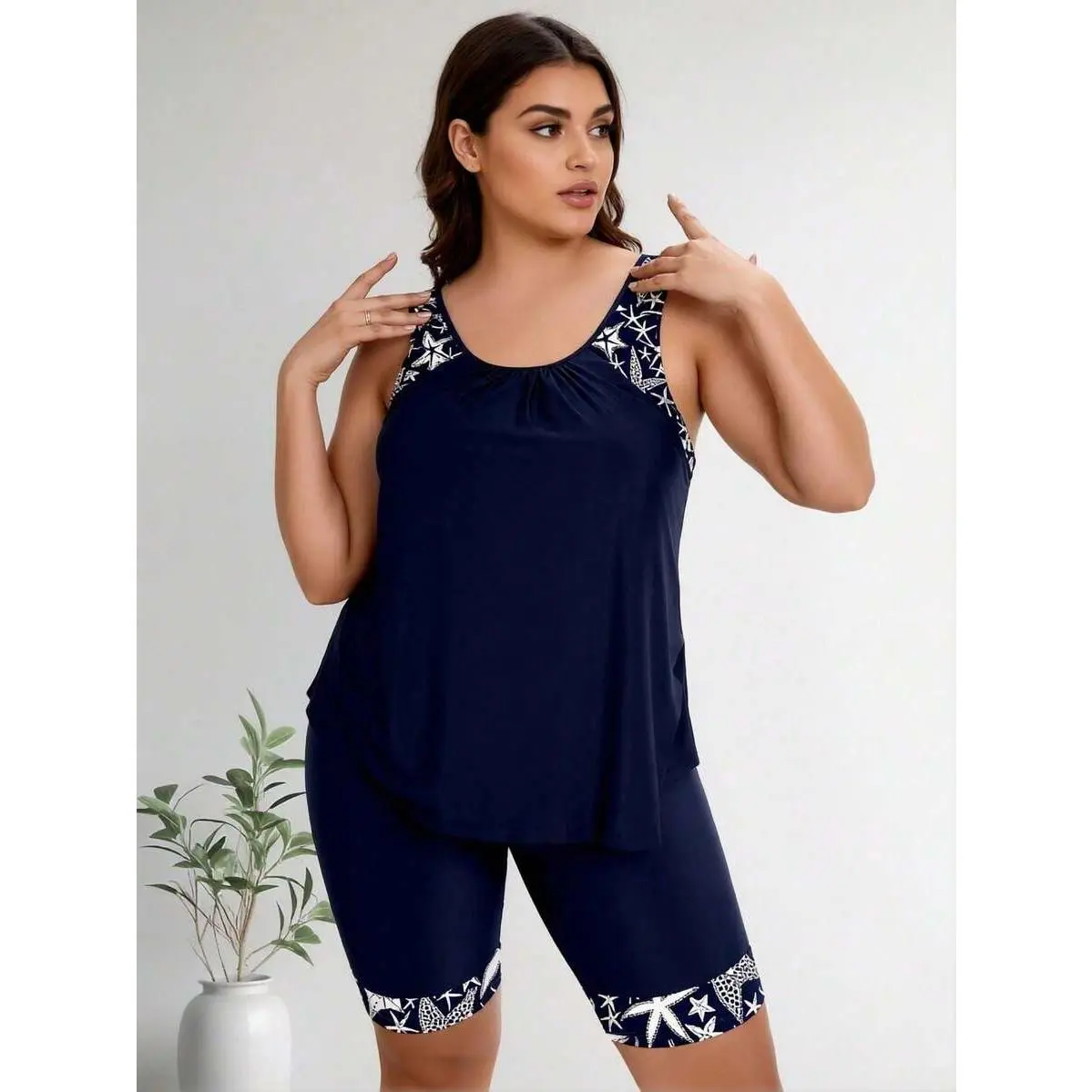 Women's Plus Size Tankini Set with Capri Bottoms, 2-Piece Starfish Print High Waist Swimsuit, Modest Fit Knitted Beachwear, Plus Size Swimsuits, Knit Fabric, Long Bottoms, Machine Wash, Two-Pieces