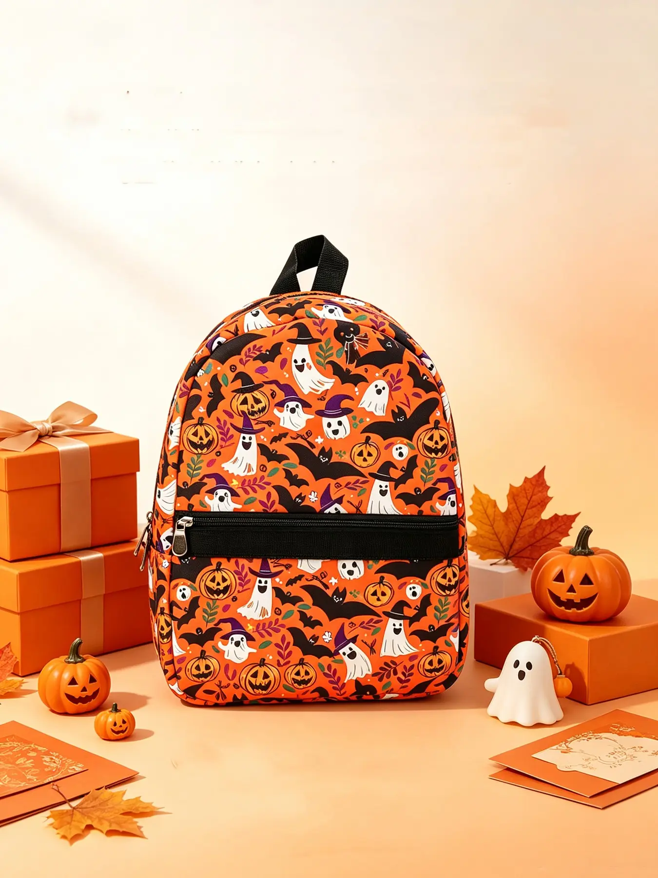 Orange Halloween Full Print Backpack with Ghost Pumpkin Bat Patterns, Casual Zipper Daypack with Independent Front Pocket, Lightweight Portable Bookbag for School, Trick-or-Treat Events, Picnic & Daily Outdoor Storage