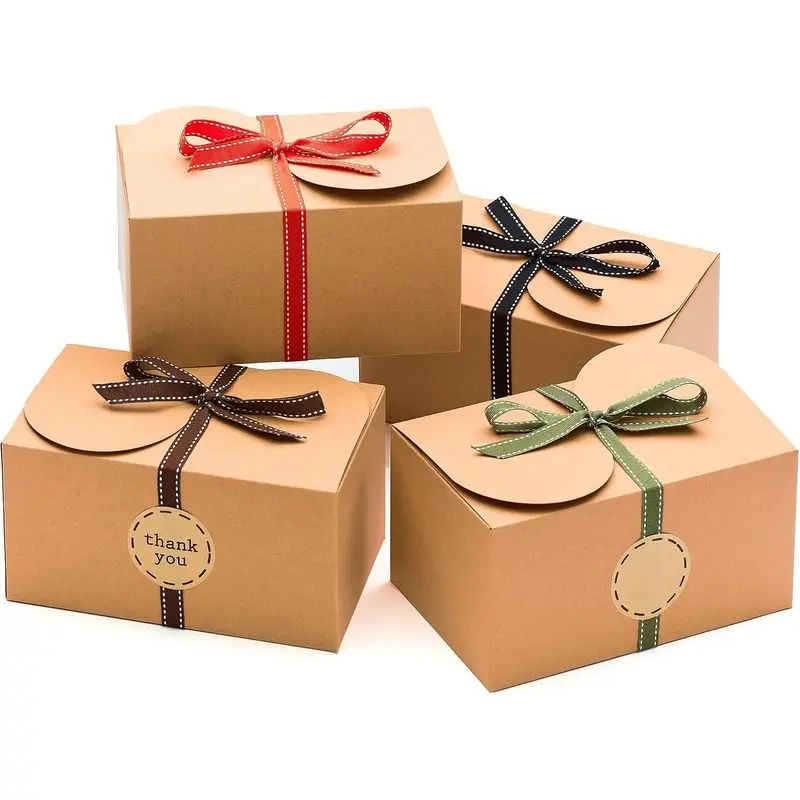Large Brown Kraft Cookie Boxes with Ribbons & Sticker (20 Pack) 9" x 5.5" Decorative Craft Gift Boxes for Baked Goods, Candy, Bread Loaf, Small Treats, Christmas, Food Packaging, Empty, Bulk, Foldable