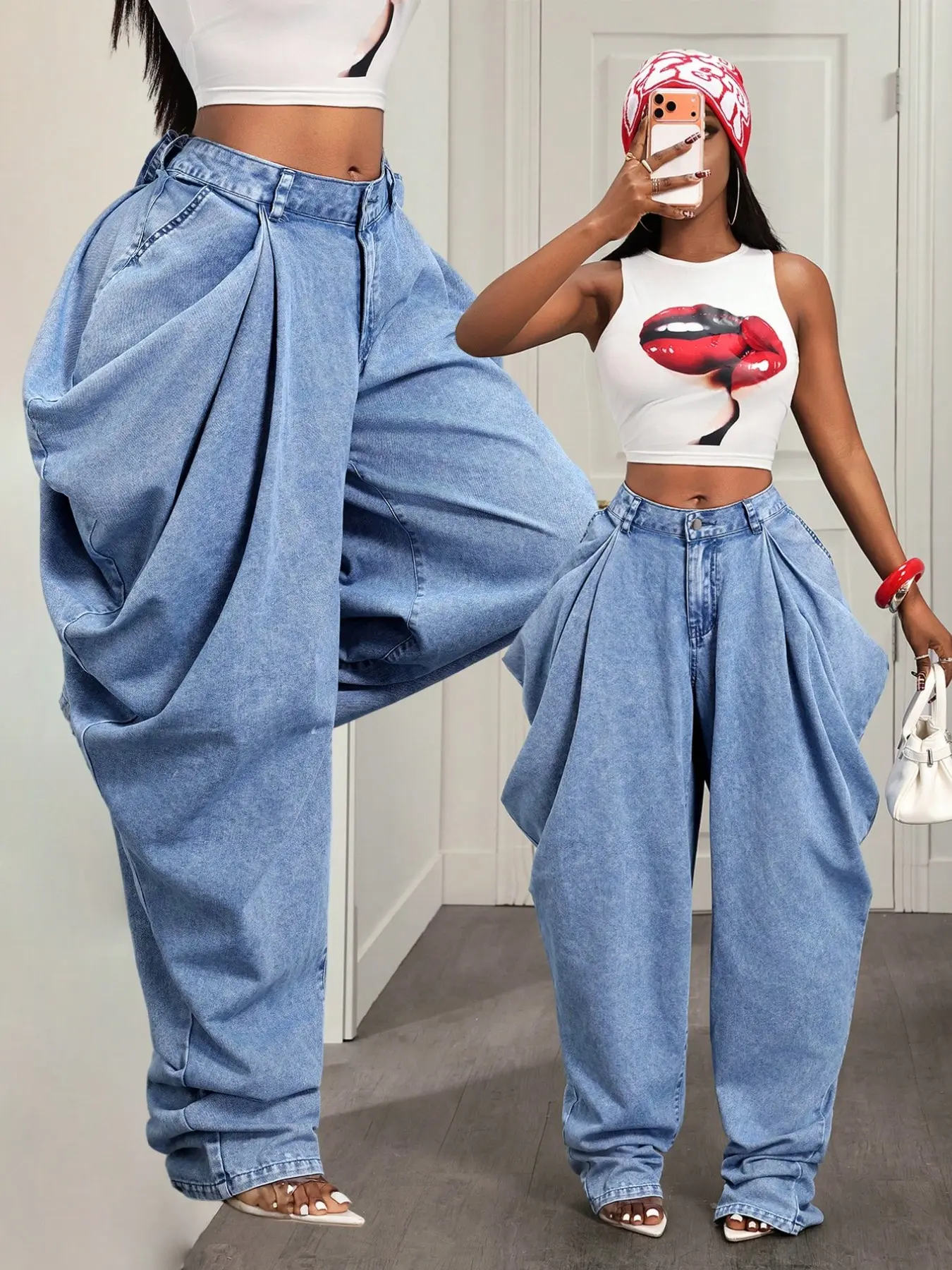 66388-Bg Side Pleated Wide Leg Jeans, Casual Loose Fit Denim Jeans, Large Pockets, Drop Waist Design, Long Jean Bottoms