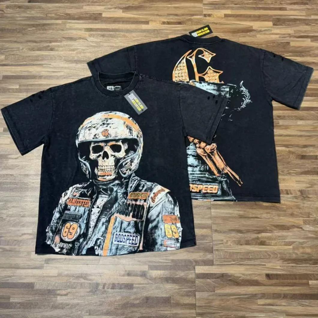 Real Photo Original Label Ripped Hot Drill Godspeed Short Sleeves T Shirt American Cotton Vintage Washed Rhinestone Bling Oversized Loose Unisex Round Neck Streetwear Hip Hop Y2K Casual Tops Tees With Tags For Men Women