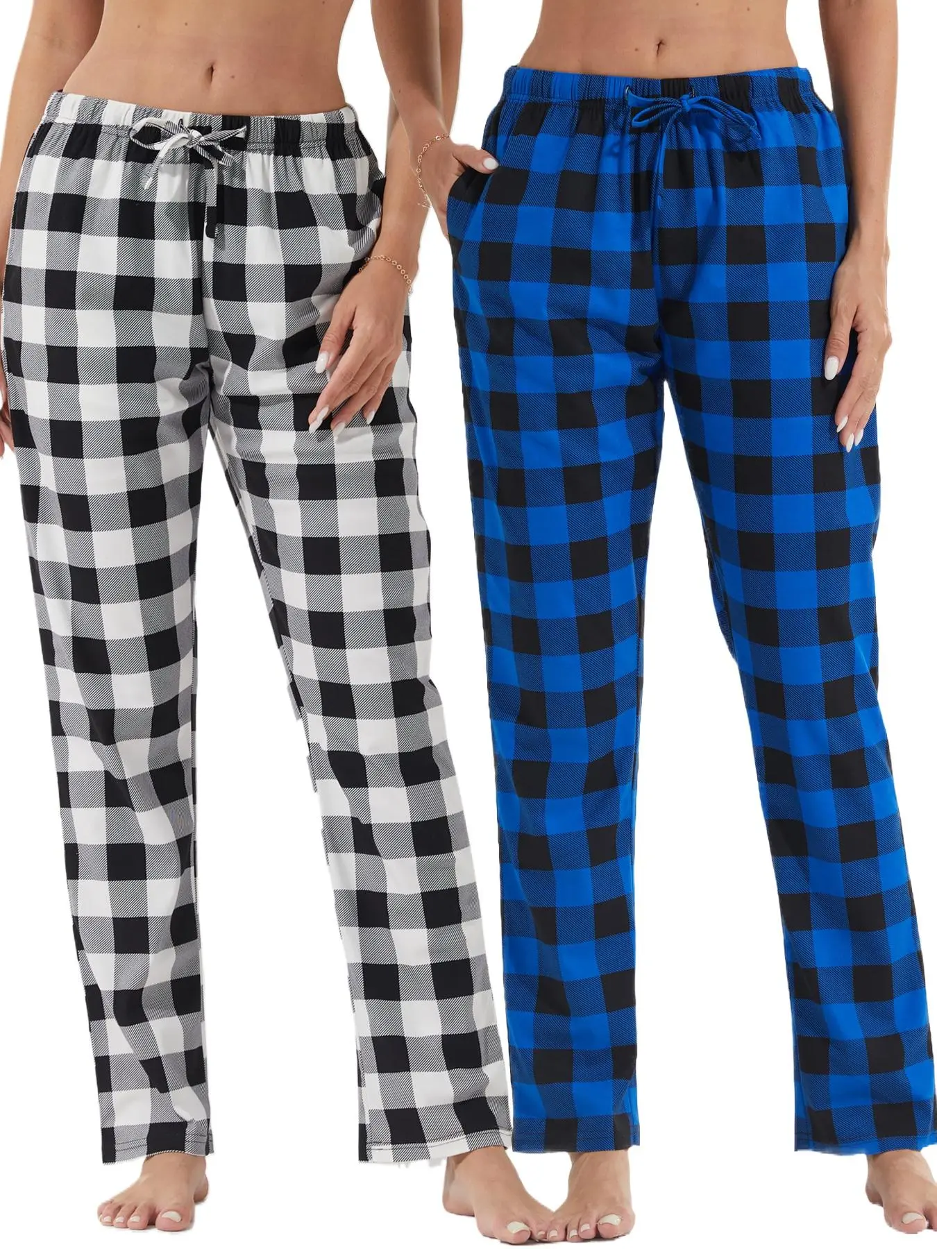 2 Pack Womens Pyjama Bottoms with Pockets Ultra Soft Checked Lounge Pants Winetr Pyjamas for Women PJs Loungewear Pjs Trousers