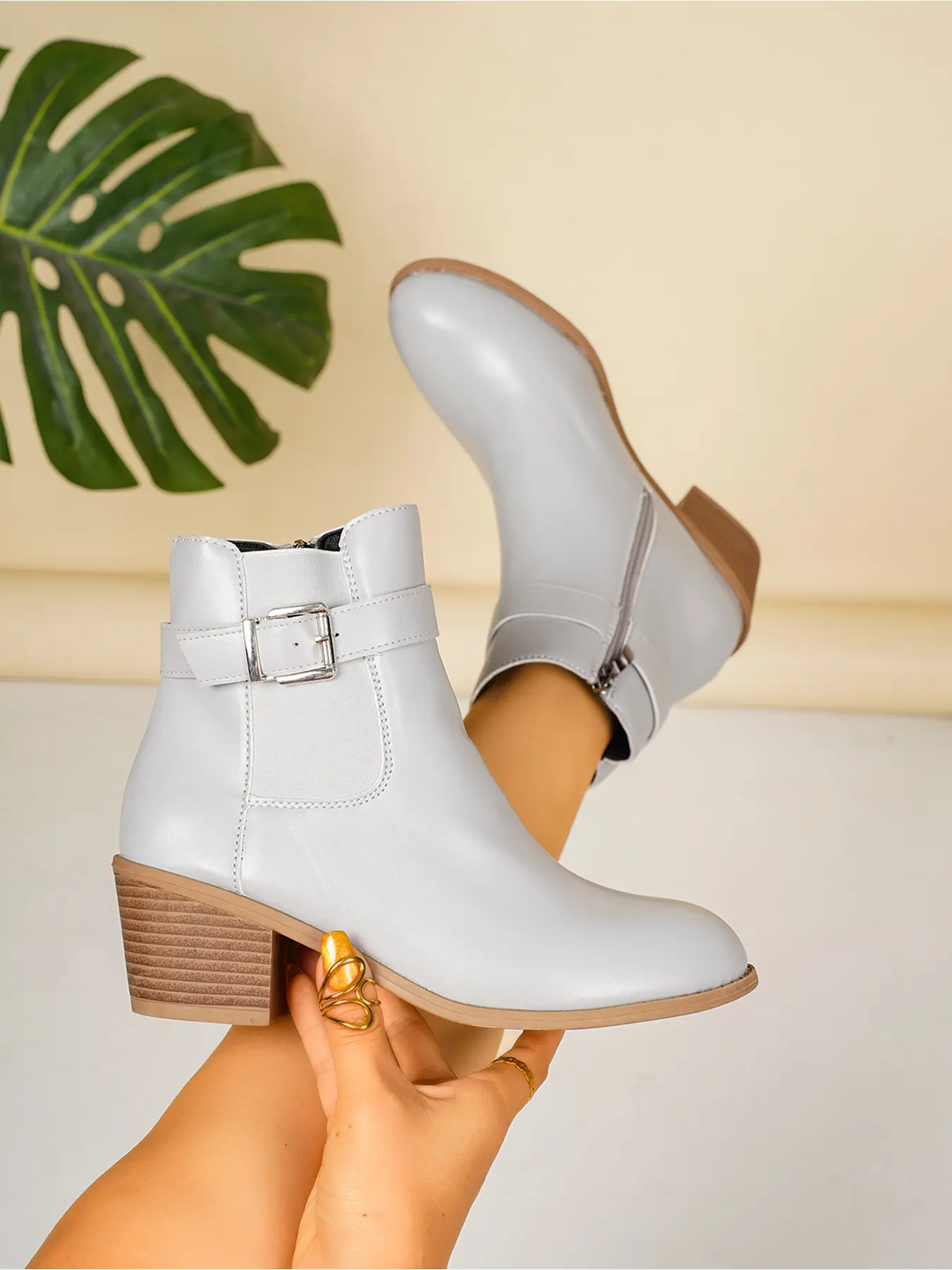 Ladies Minimalist Silver Buckle Chelsea Ankle Booties Glossy PU Upper Low Block Heel Street Casual All Day Wear Short Boots