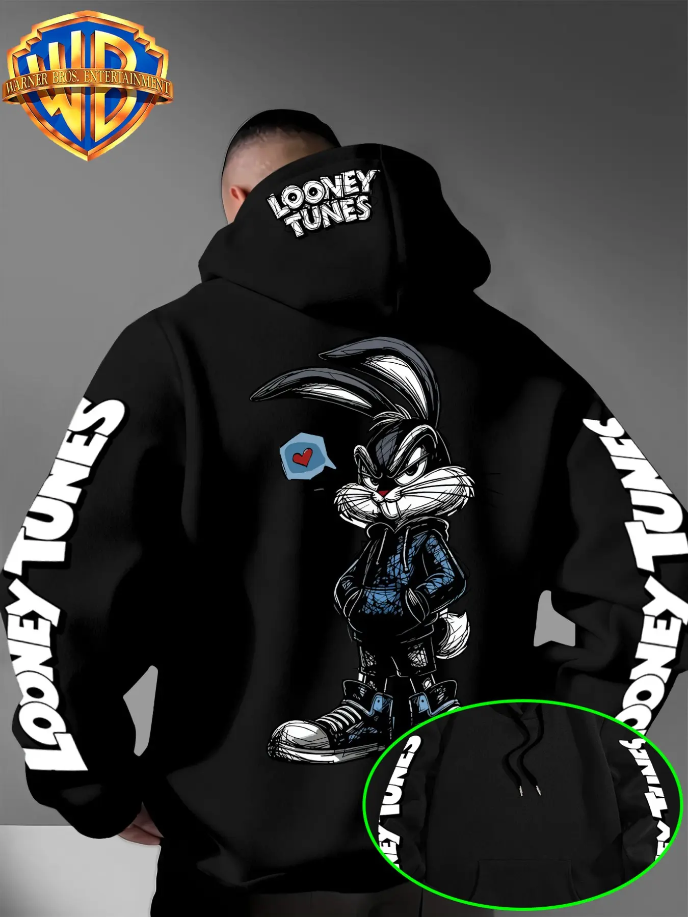 Warner Bros Men's Street Style Rabbit Print Hoodie, Looney Tunes Sleeve Badge Letter Sweatshirt, Casual Hip Hop Caped Top