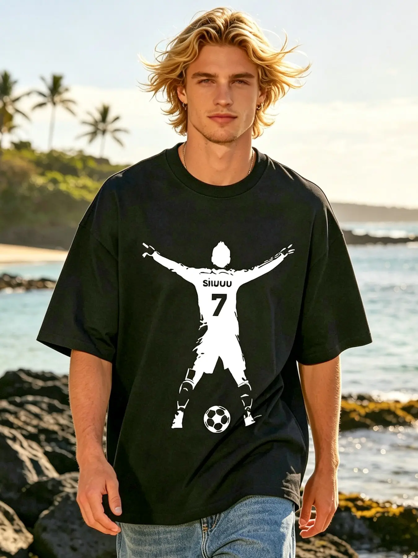 SIUUU Celebration Print Short-Sleeve T-Shirt Featuring Football Star Number 7 Back View – Fan Short-Sleeve T-Shirt, Football Fan Top, Sporty Graphic T-Shirt, Fan Gift; Unisex Oversized Streetwear T-Shirt