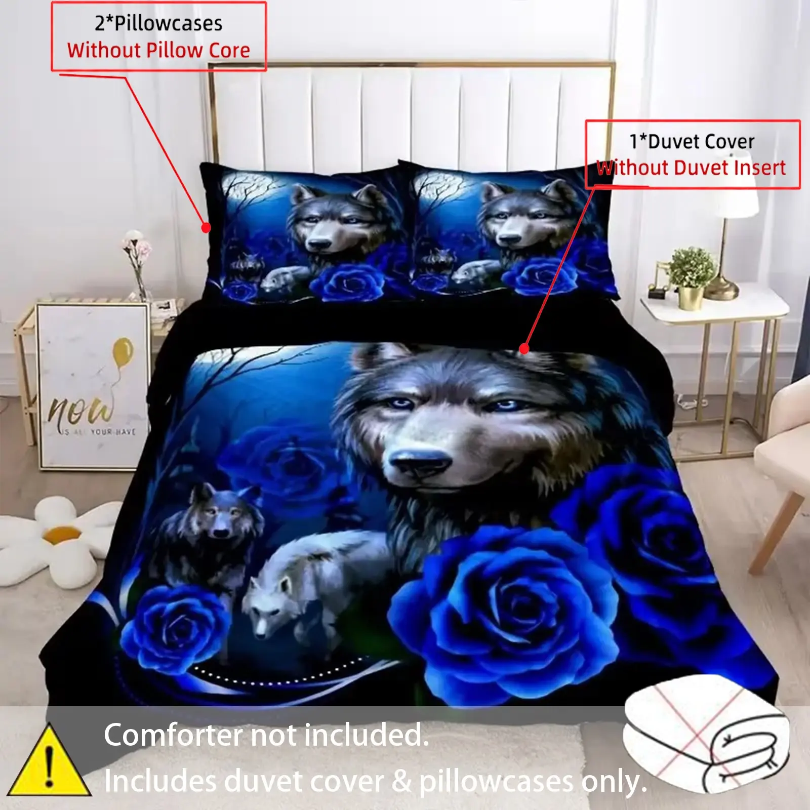 3-Piece Wolf and Blue Rose Printed Bedding Set, Duvet Cover and Pillowcases, Polyester Fabric