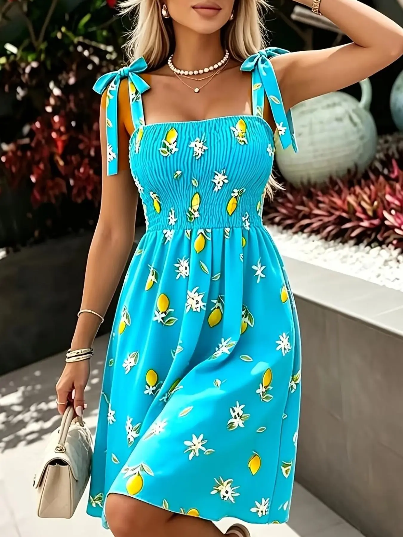 Women's Summer Casual Fresh Fruit Print Halter Short Dress, Butterfly Knot Shoulder Straps, Elastic Waist, Beach Vacation Dress