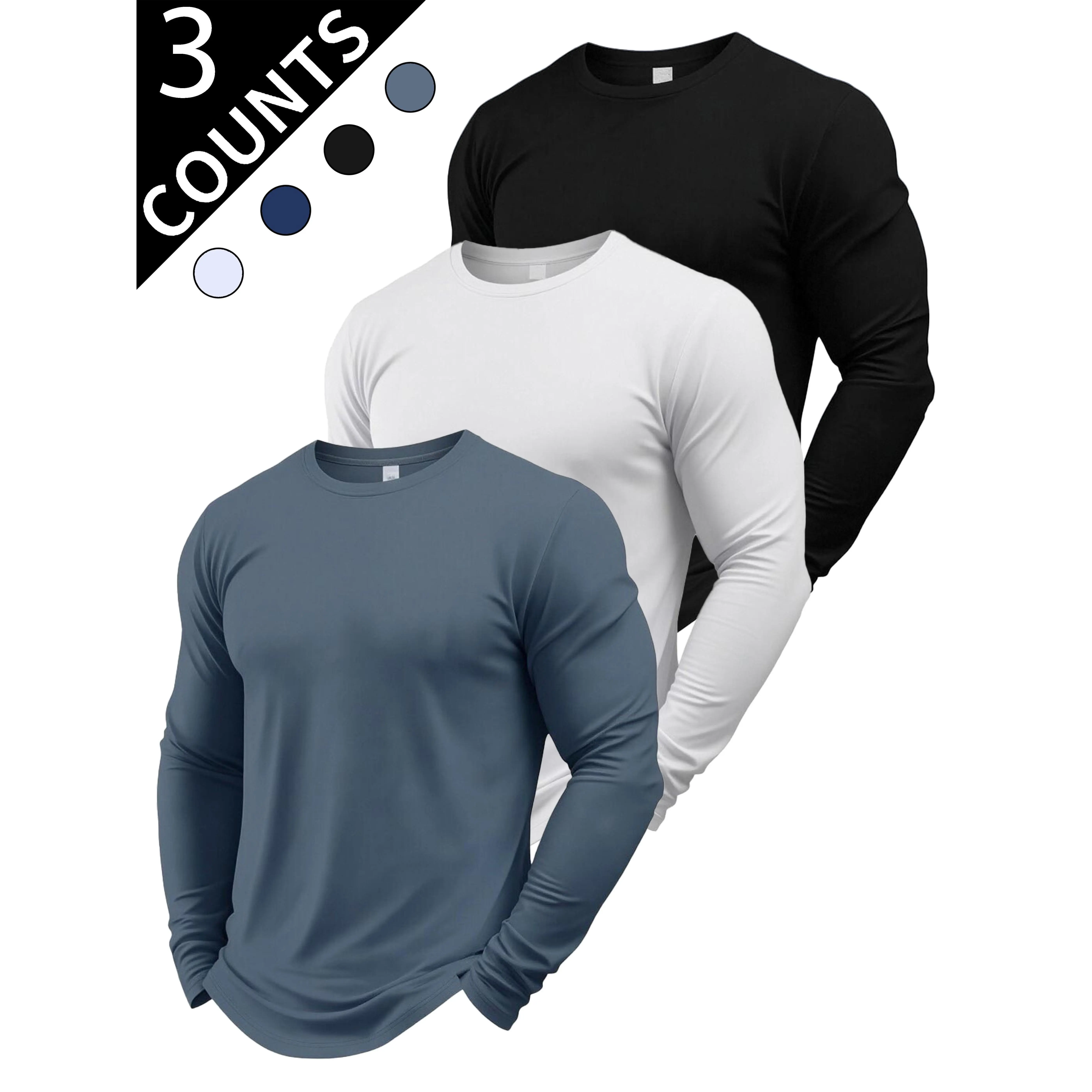 Menswear 2026 3-Pack Plain Longsleeves Crew Neck Tshirts, Gray + White + Black All-Matching Essential Basic Tops, Soft Skin-Friendly Fabric for Year-Round Smooth Cozy Comfort & Tidy Silhouette