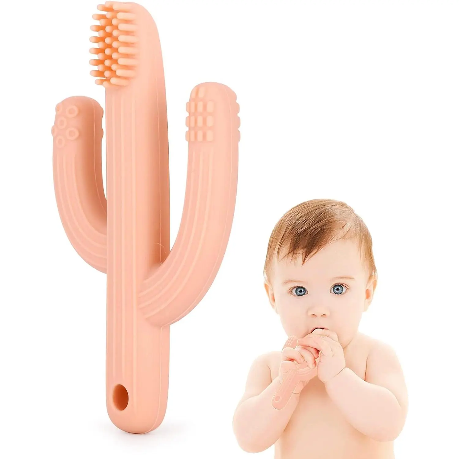 Cactus Teether, Baby Teething Toys  Babies, Self-Soothing Pain Relief Soft Baby Toothbrush  Babies, Toddlers, Infants, Boy and Girl, Natural Organic BPA Free(Peachy) New model