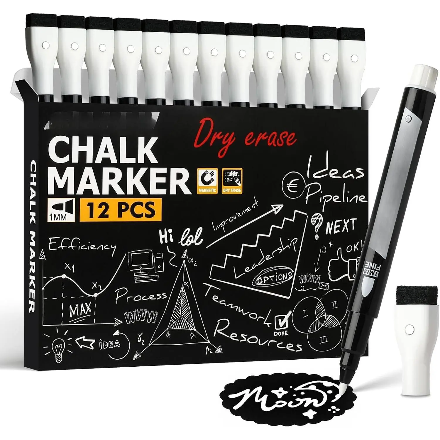 Liquid Chalk Markers,12  White,1mm Extra Fine Points | Dry Erase Markers for LED Drawing Note Board Calendar Planning Board Glass Whiteboard Window Mirror Holidays Painting