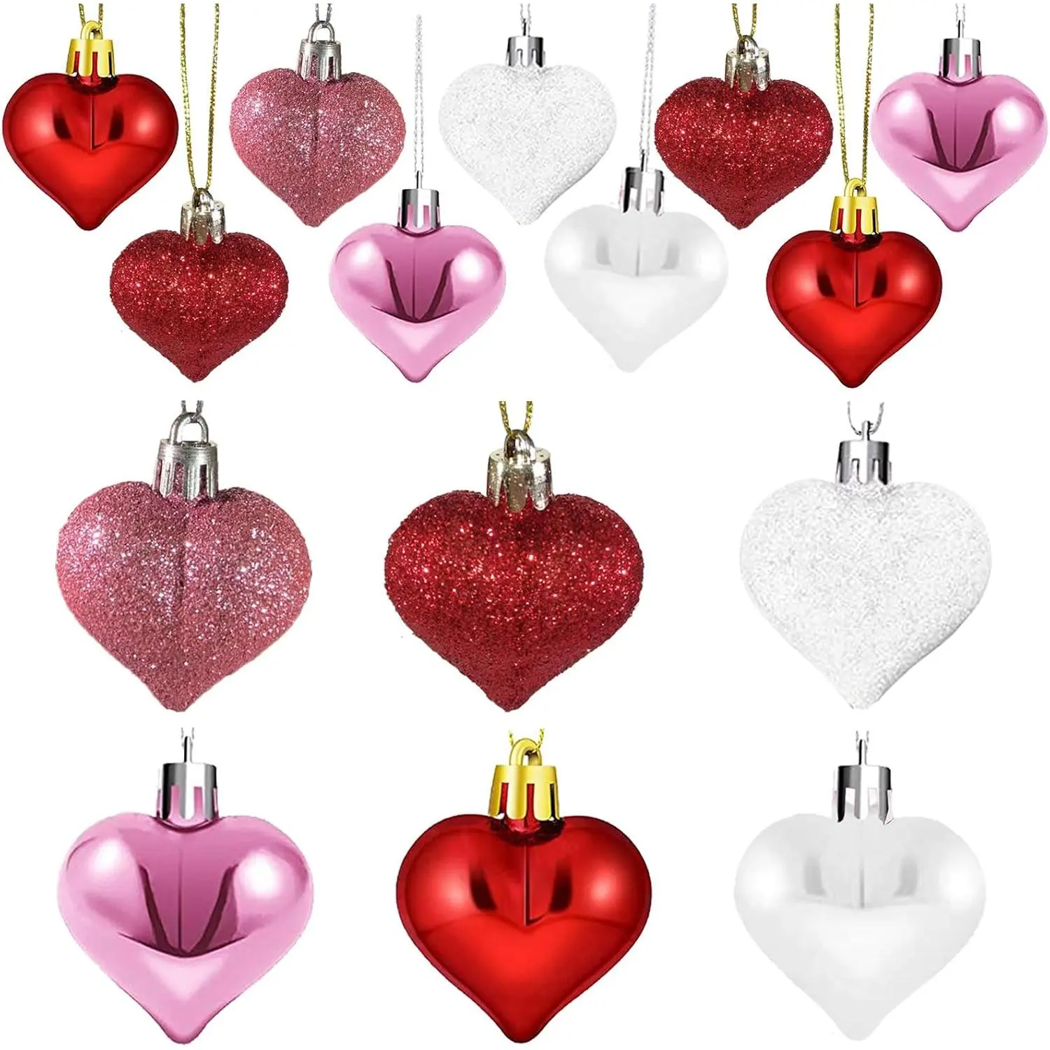 Valentine's Day Heart Ornaments for Tree - Valentine Ornaments Valentines Tree Decorations - Glitter Rose  Red White - Mini 24 count