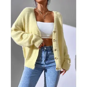 18ACTIVEKITWomen's Fluffy Knitted Cardigan - Soft light yellow button down jacket, comfortable V-neck long sleeved loose fit, suitable for fashionable levels, cute and lightweight pullover for autumn and winter, essential for the street, casual knitt