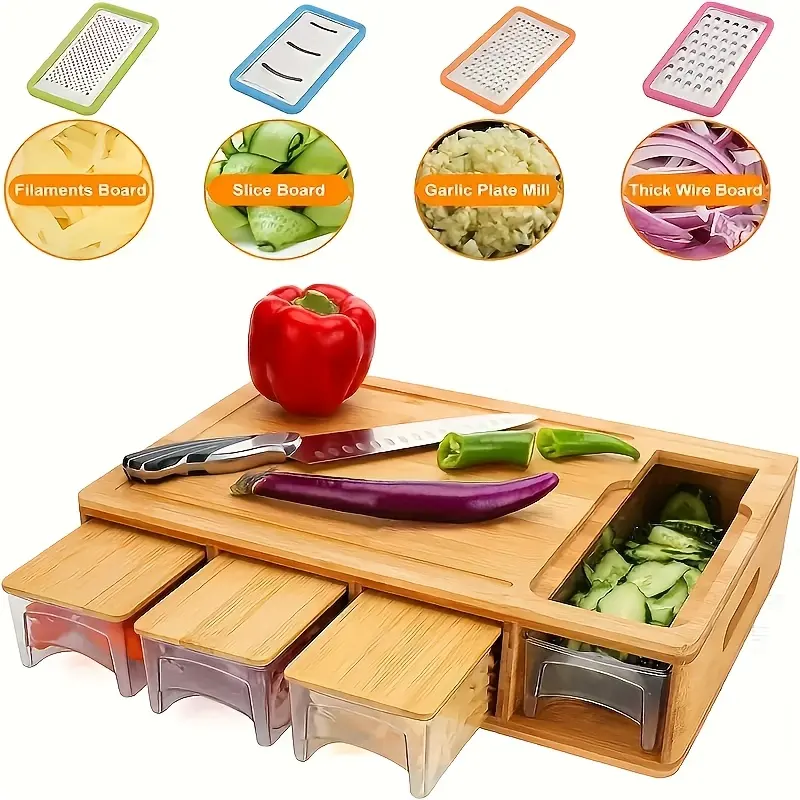 Multi-Functional Food Cutting Board Set with 4 Blades and Lidded Tray, Ideal for Slicing, Peeling, Chopping Fruits and Vegetables, Kitchen Essential