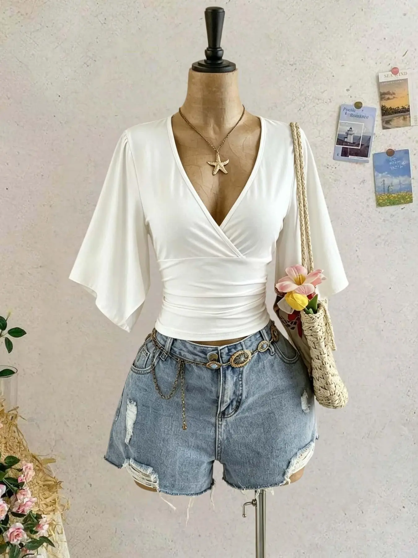 Cross Front Bell Sleeve Top, Deep V Neck, Waist Cinch, Lightweight Breathable Summer Sleepwear, Short Sleeve T-Shirt for Home Wear