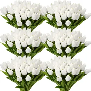 40/60/80/100/120pcs Artificial Tulip Flowers Fake PU Tulips Faux Latex Bouquet Flower Centerpieces Arrangement Floral for Wedding Spring Decorations (1 Head,White)