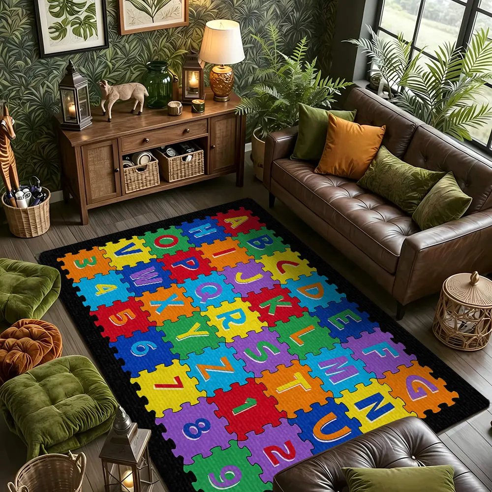 Black Background Colorful Alphabet Number Puzzle Kids Flannel Rug #AlphabetNumberPuzzlePlayRug #ColorfulJigsawLetterMat #FlannelCarpet #ChildrenEducationalRoomDecor