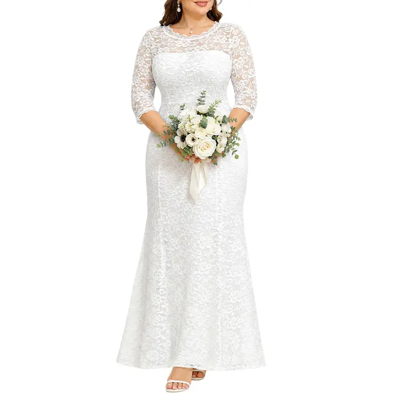 Pinup Fashion Women's Plus Size Lace Floor-Length Classic Glam Mermaid Wedding Gown - 3/4 Sleeves, Light Fabric, Elegant Formal Wear, Ideal for Brides, Bachelorette Party, 14w, 16w, 18w, Wedding Dresses