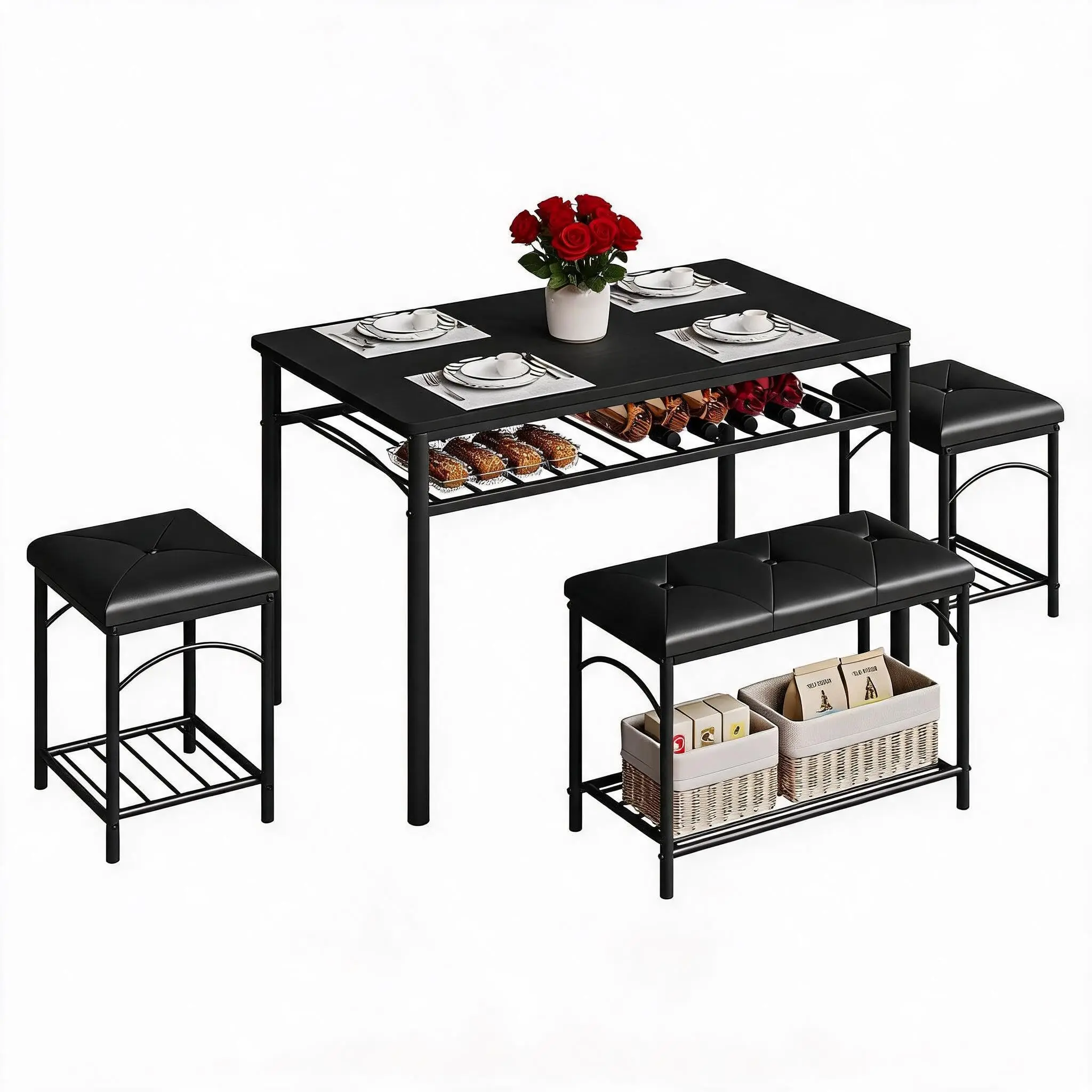 4-Piece Dining Table Set for 4 with Upholstered Benches and 2 Stools, Compact Industrial Style Perfect for Small Kitchens, Apartments, Studios, and Home Spaces