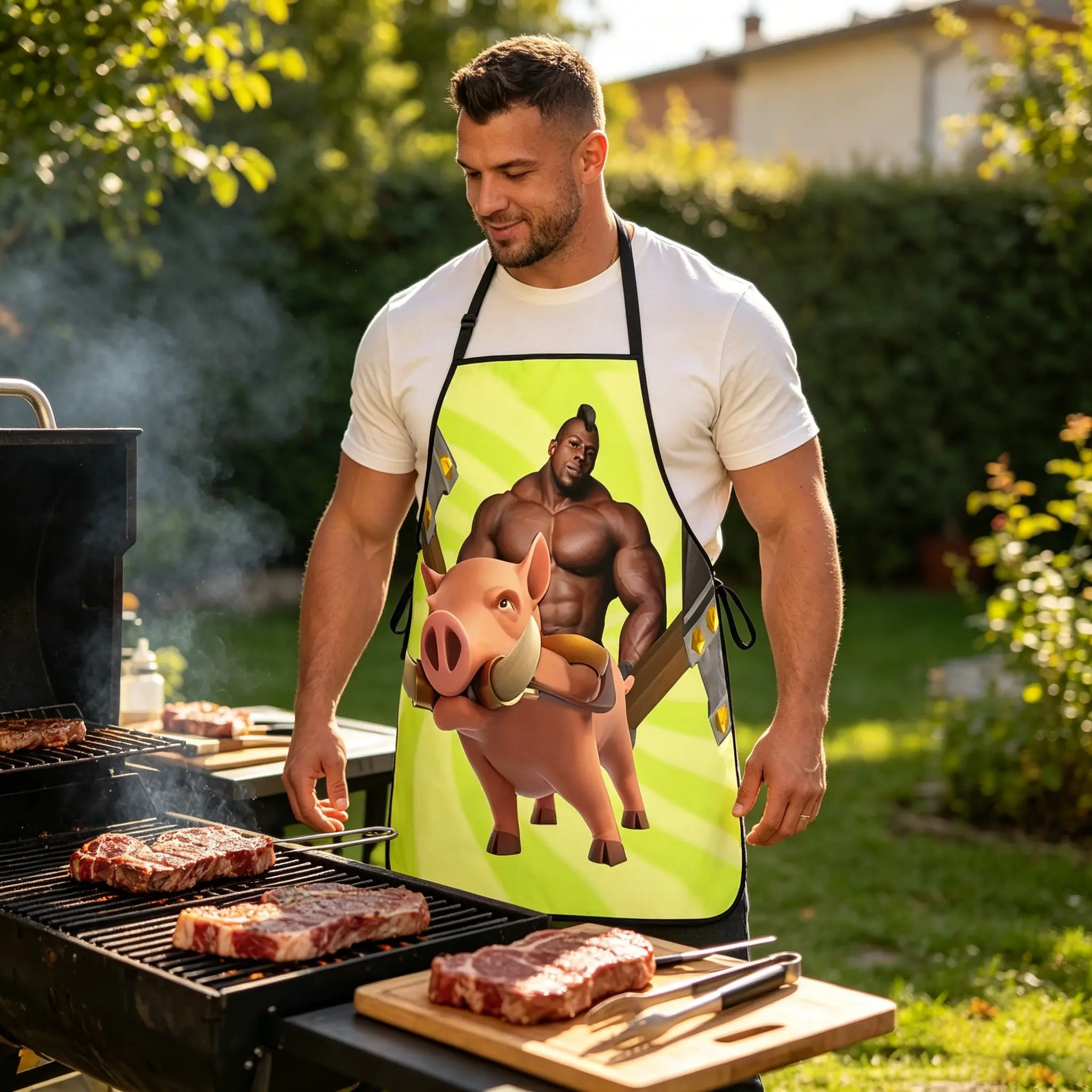Funny Cartoon Muscle Man Apron, Waterproof Oil-Resistant Polyester, Adjustable Neck Strap, Long Waistband, Reusable BBQ Kitchen Apron, Bbq Grill Apron
