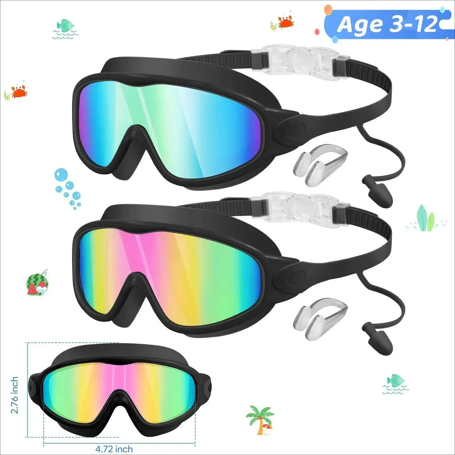 Kids Silicone Swimming Goggles for Ages 3-12, Wide-View Lenses with Anti-Fog & UV Protection, Waterproof Set with Nose Clip & Earplugs, Silicone Swim Glasses, Kids Swimming Goggles, Goggles For Swimming
