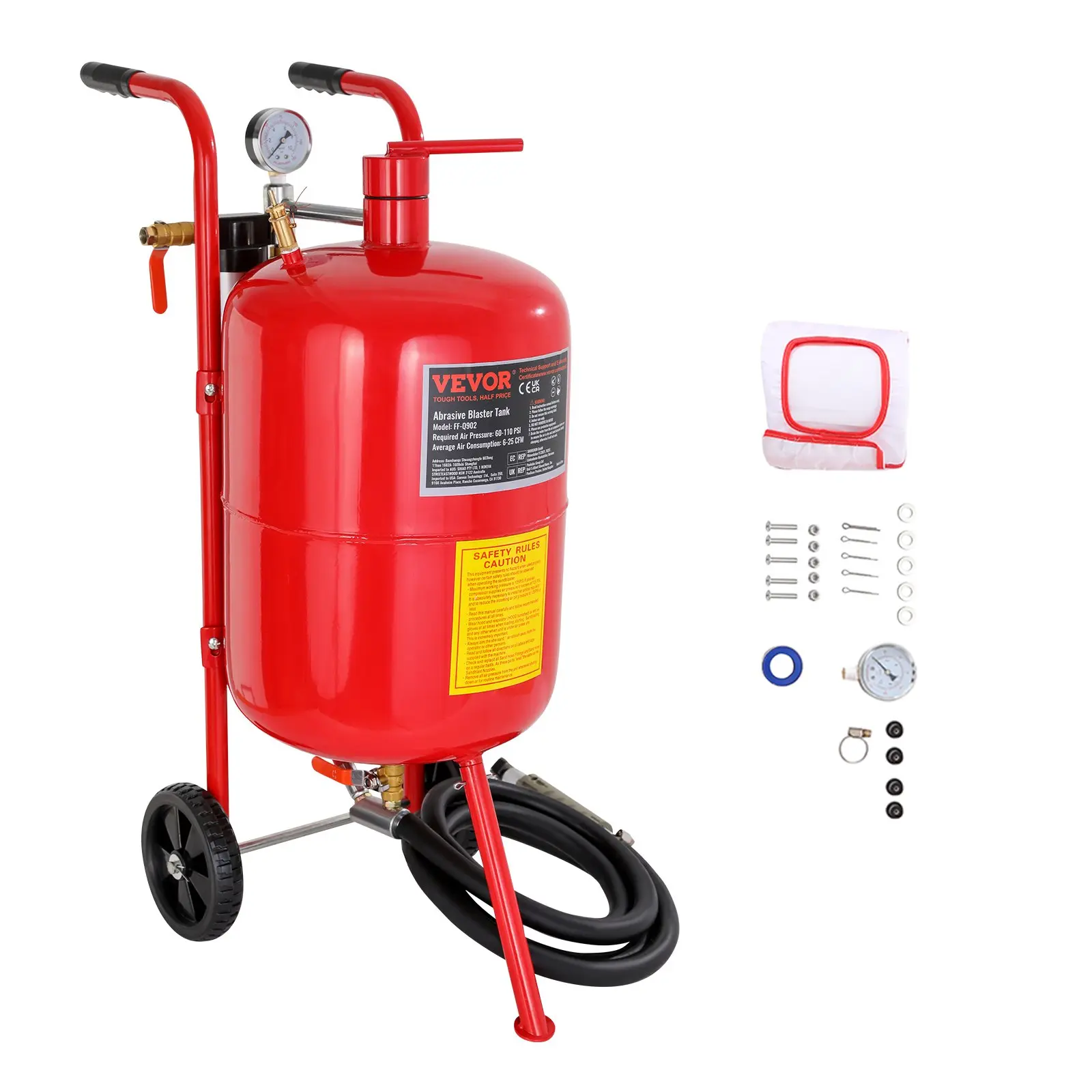 【toolupgrade】VEVOR 10Gal/40L Portable Power Sandblaster with Nozzle Shut-Off Valve, Pressure Gauge, Ceramic Nozzle, 2.5m Hose, Filling Funnel, Watertrap, 6 Rubber Wheels for Indoor Furniture Beds, Includes Wheels