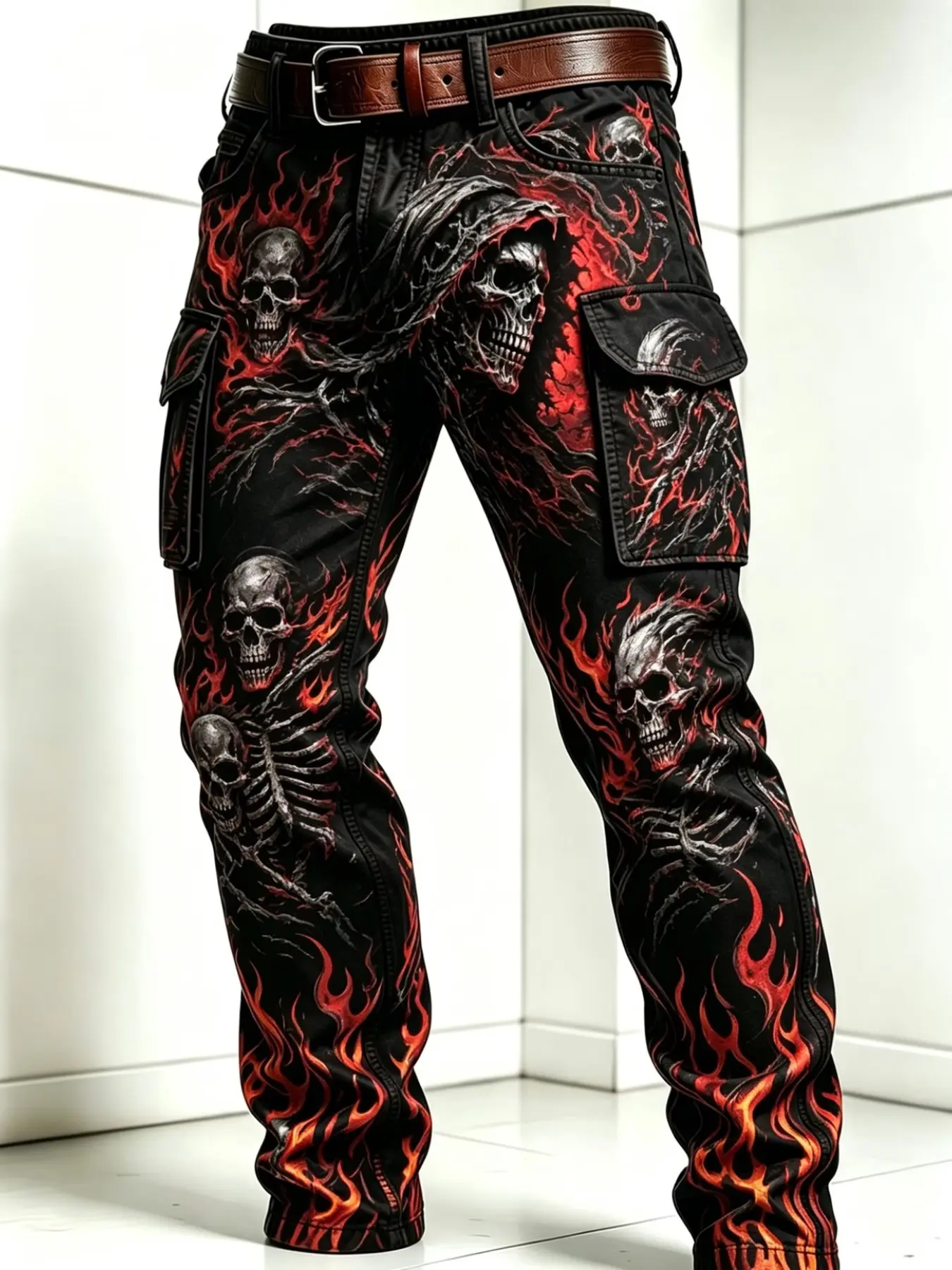 Men's Gothic Punk Flame Skull Cargo Pants, Ghost God Print, Multi-Pocket Straight Leg, Streetwear, Long/trendy, No Belt Included