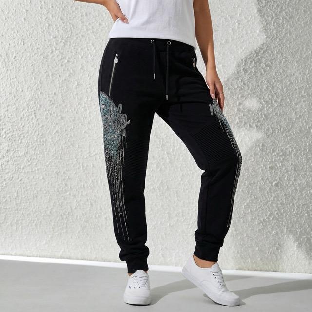 Sparkly Crystal Fringe Joggers - Cyber Y2K Streetwear - Black Moto Wings Detail Sweatpants