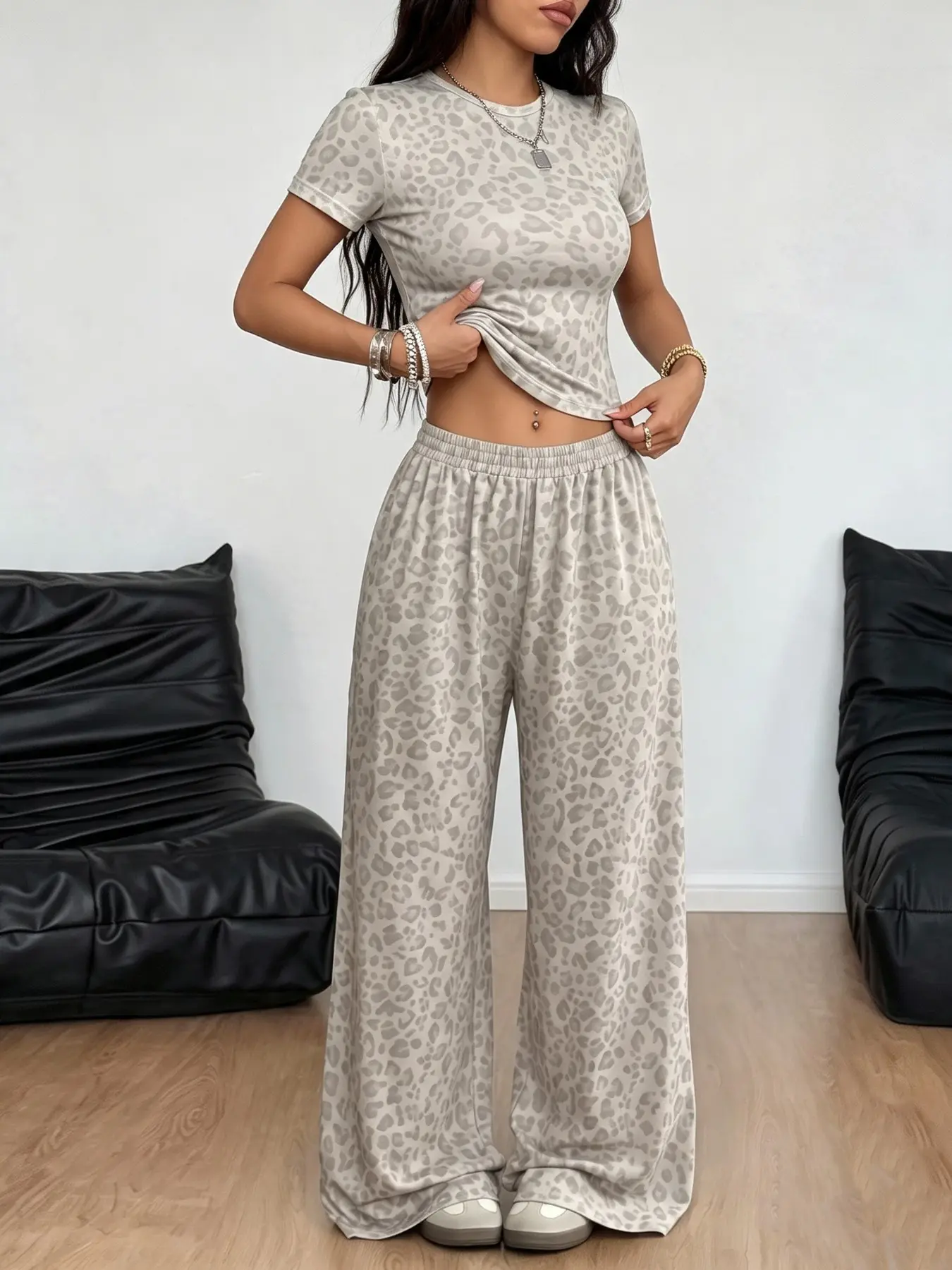 Low Saturation Grey Leopard Print Y2K Streetwear Loungewear Slim Cropped Short Sleeve Tee Elastic High Waist Wide Leg Trousers Women Matching Two Piece Set Trendy Everyday Casual Going Out Cozy Lounge Wear Matching Tracksuit, Clothes