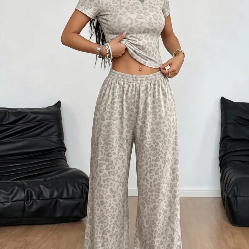 Low Saturation Grey Leopard Print Y2K Streetwear Loungewear Slim Cropped Short Sleeve Tee Elastic High Waist Wide Leg Trousers Women Two Piece Set, Casual Fitted Set, Cozy Lounge Wear