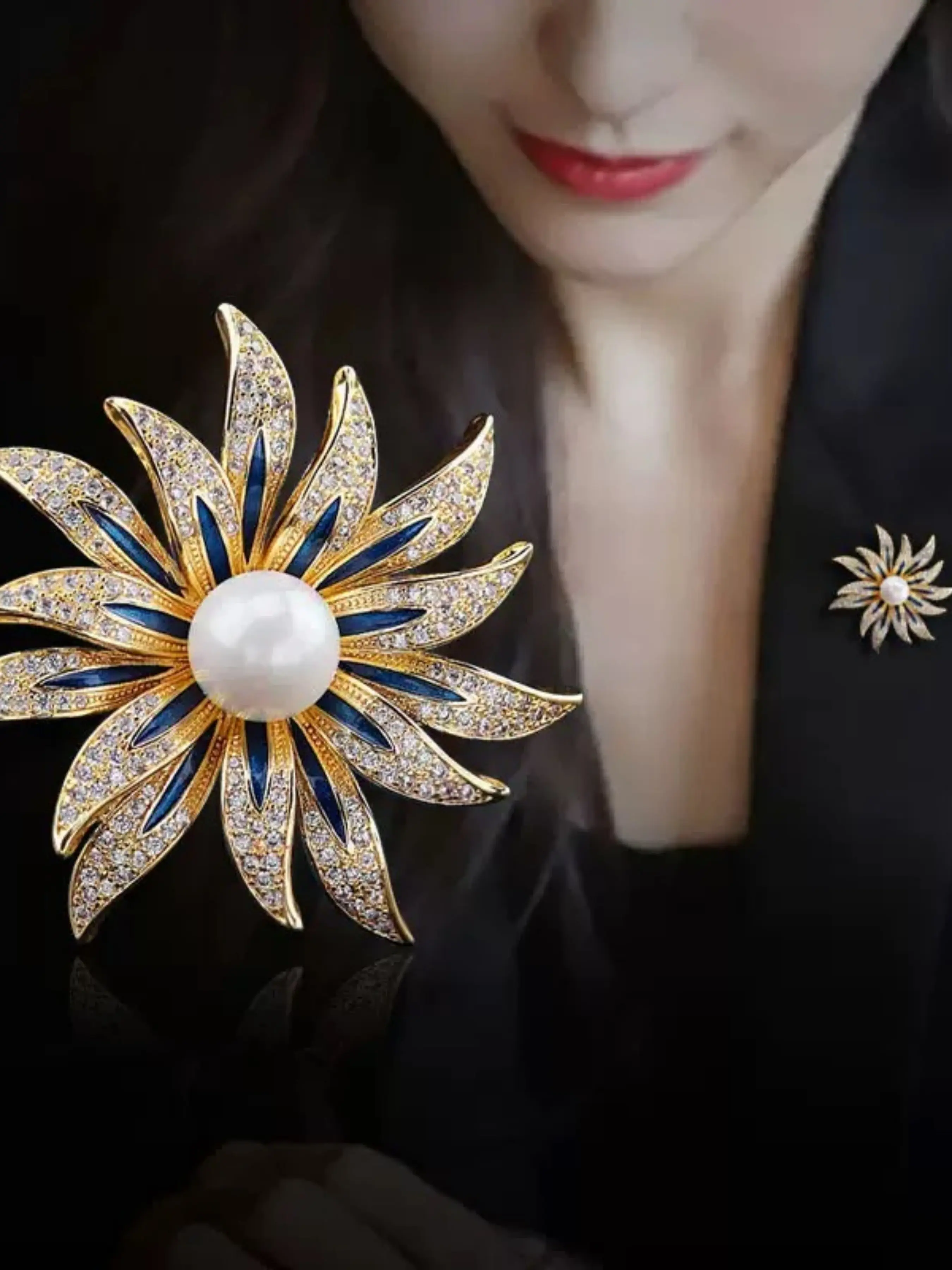 Vintage Enamel Sunflower Pearl Brooch, Full Rhinestone Flower Pin, Elegant Accessory for Suits, Dresses, Coats, Weddings, Business Events
