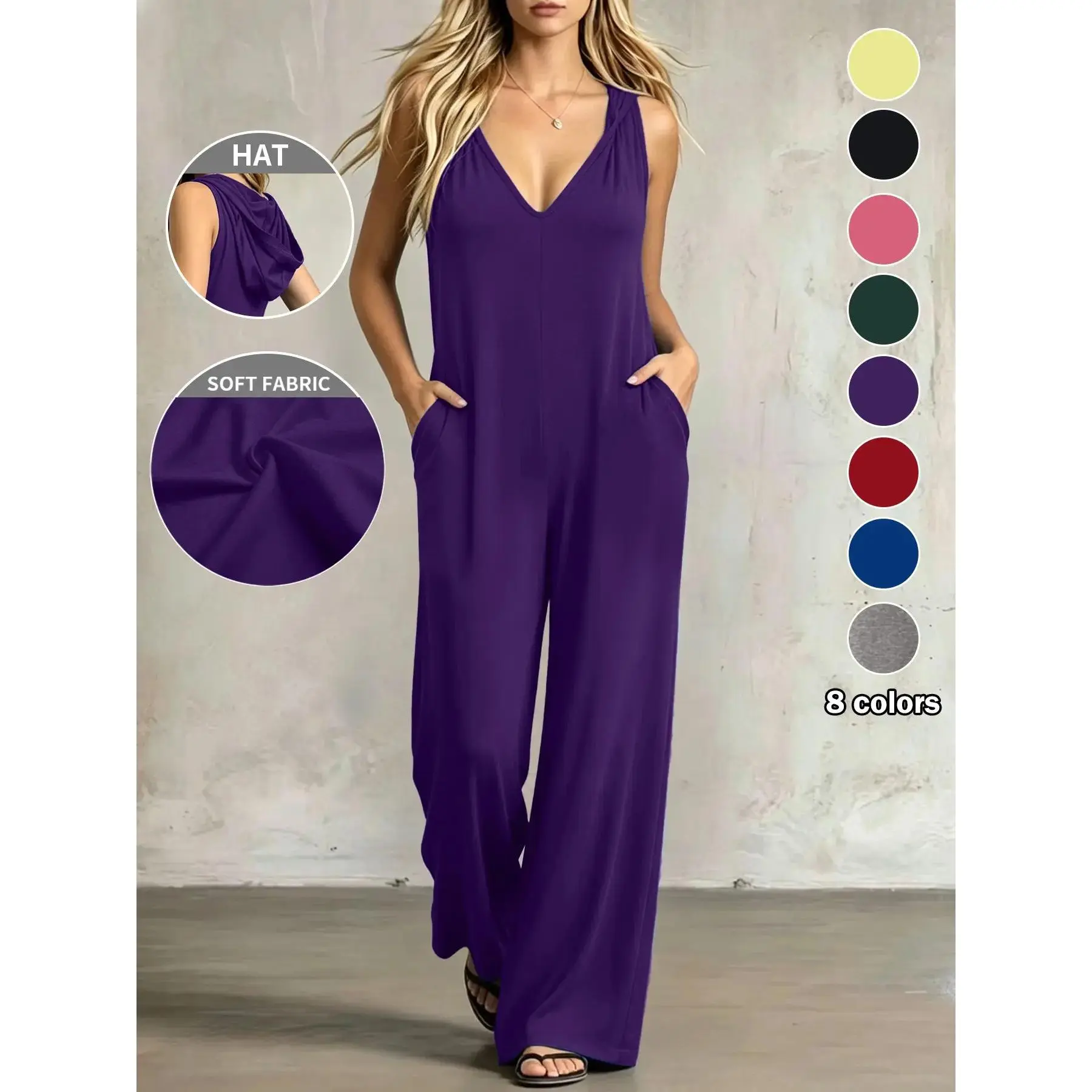 Women's Plus-Size Minimalist V-Neck Sleeveless Basic Overalls - Pocket Design, 8 Colors, Solid, Machine Washable, Casual Comfort for Daily & Home Wear yoga fitness chic bohemian Insulated Waterproof Ski Bibs rompers women slim-fitting plain tan suit