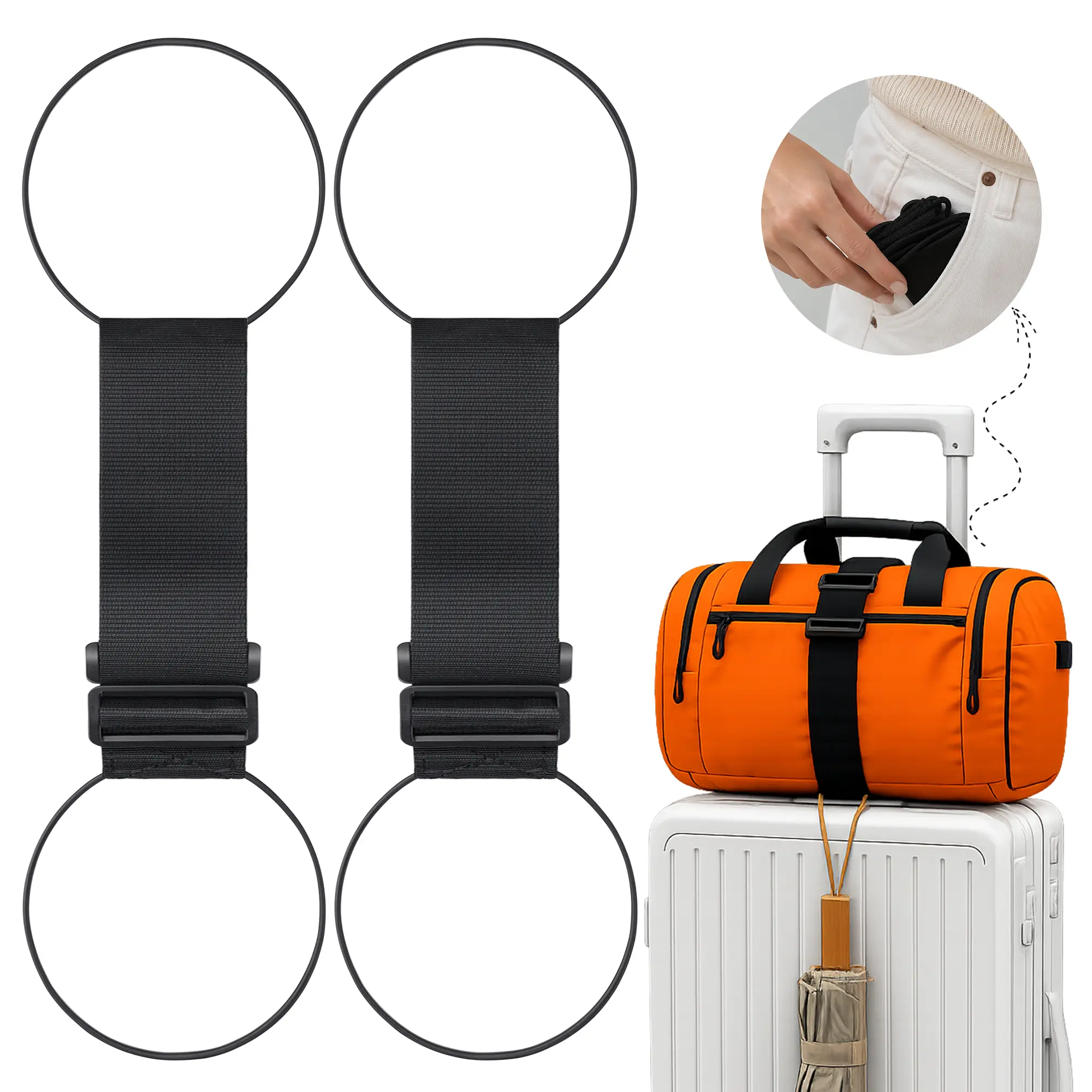 2-Pack Strong Adjustable Multi-Use Luggage Connector Straps for Suitcases, Connect Bags to Suitcase, Travel Essentials, Snap Hook