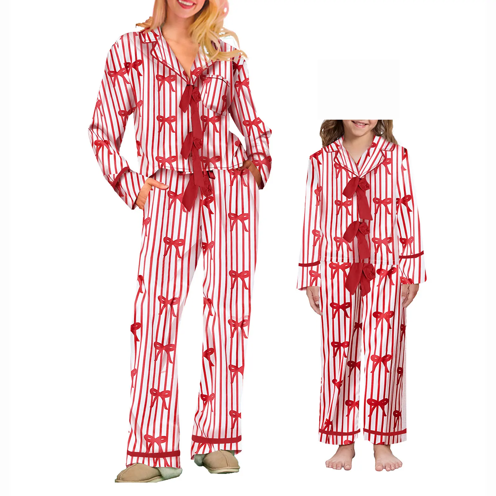 Babamoon Mommy and Me Matching Christmas Pajamas Set Bow Tie Shirt Pants Xmas Pjs Set 2 Piece Jemmies Family Matching Sleepwear