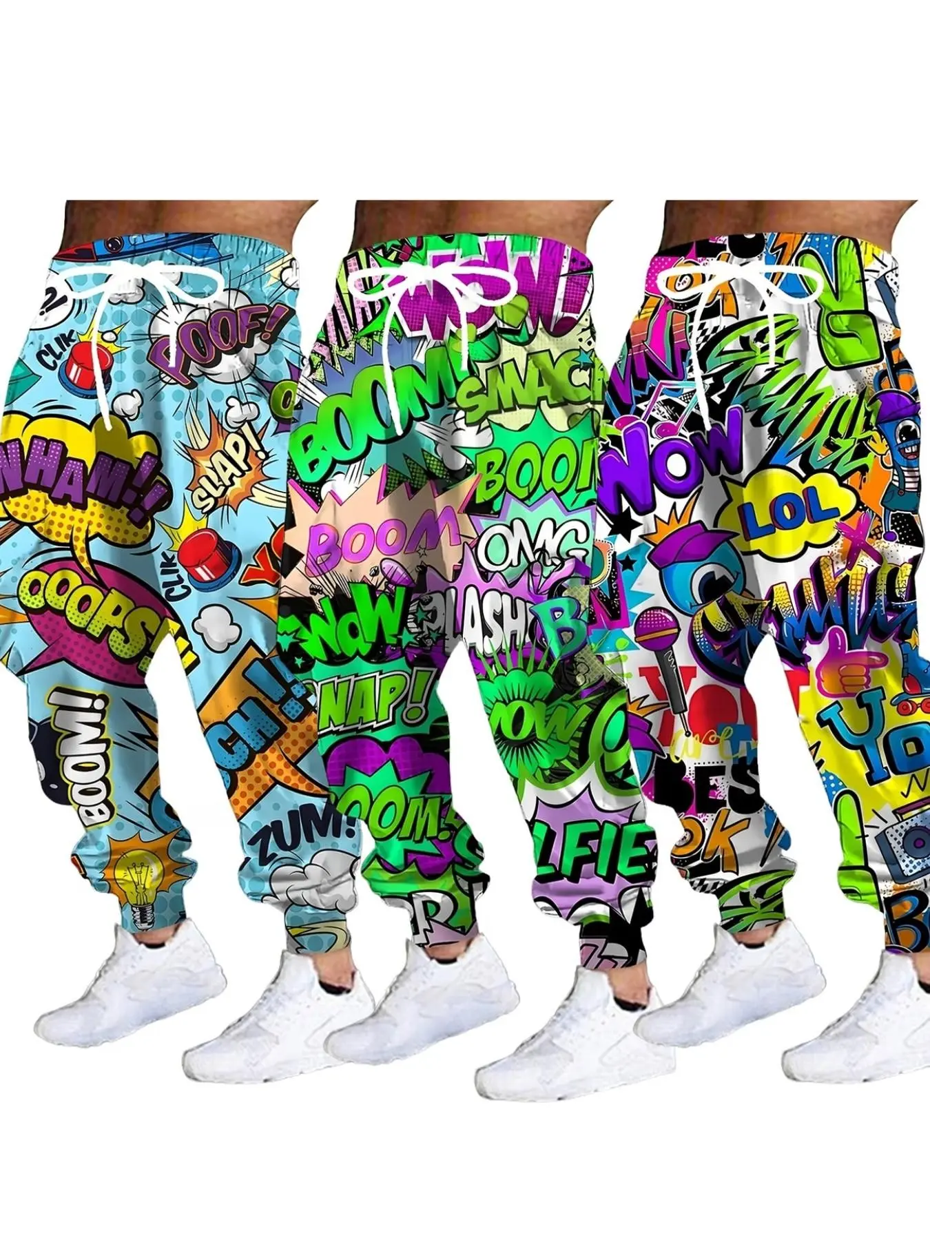 3-Pack Men's American Comic Pop Art 3D Print Sweatpants, Colorful Graffiti Pattern, Streetwear Casual Long Pants, Loose-Fit Ankle-Length