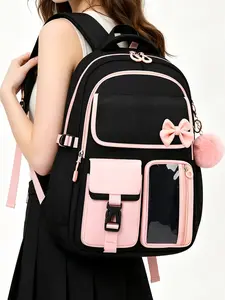 1 Piece Contrast Trim Casual Backpack Bow Decor Fluffy Pom Pom Pendant Multi Zipper Compartments Padded Adjustable Shoulder Straps Large Capacity Daily Backpack for Campus Study Daily Commute Outdoor Trip