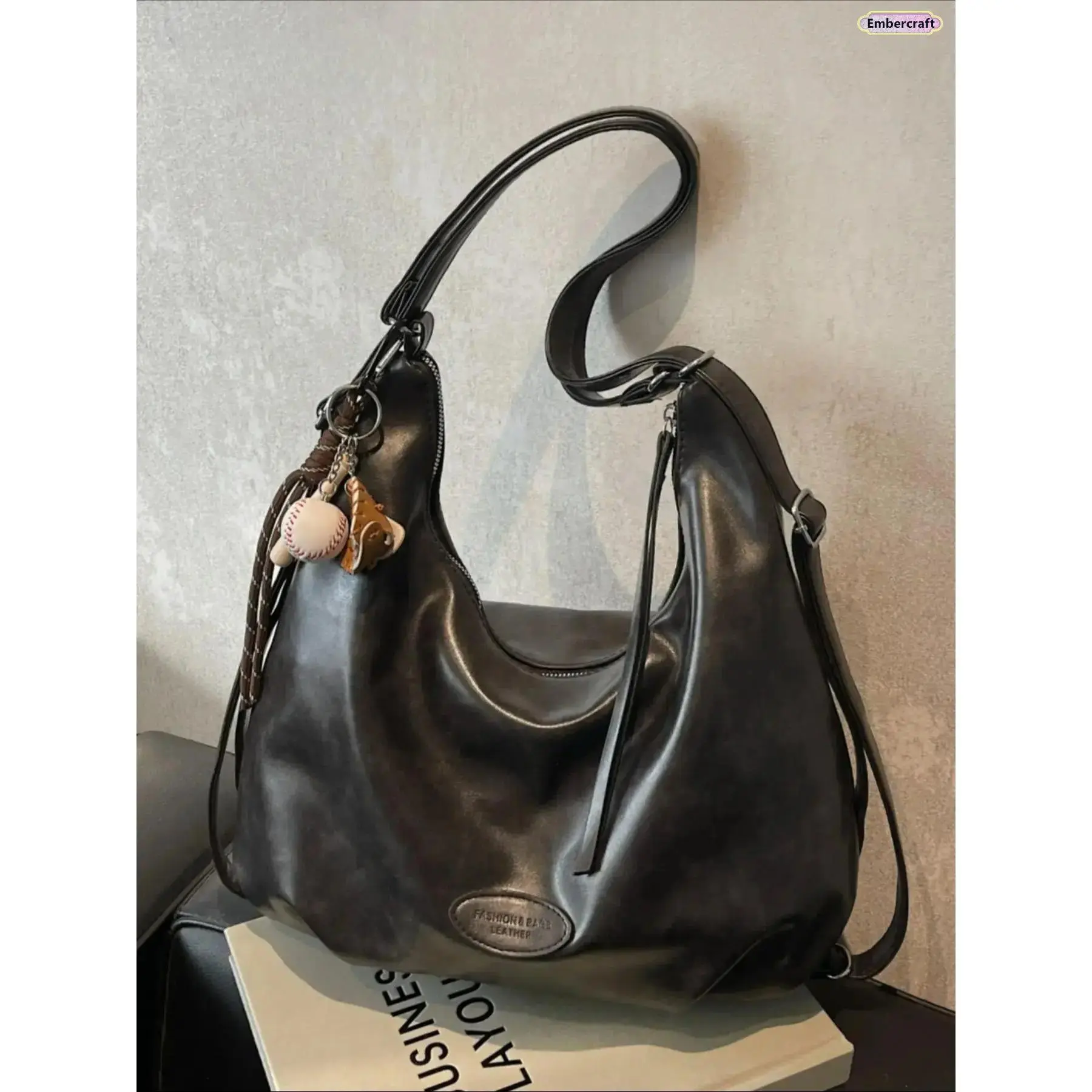 Cute Ruffled School Bag, Vintage Crinkle Leather Bookbag with Single Shoulder Strap, Large Capacity Commuter Bag for Travel, Casual Fashion Bag