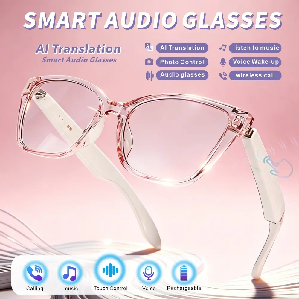 The new intelligent audio glasses have stereo sound quality, touch adjustment, clear call quality, the ability to answer calls and play music, over 100 language translations, fashionable dressing items, suitable for office work, daily use, and sports.