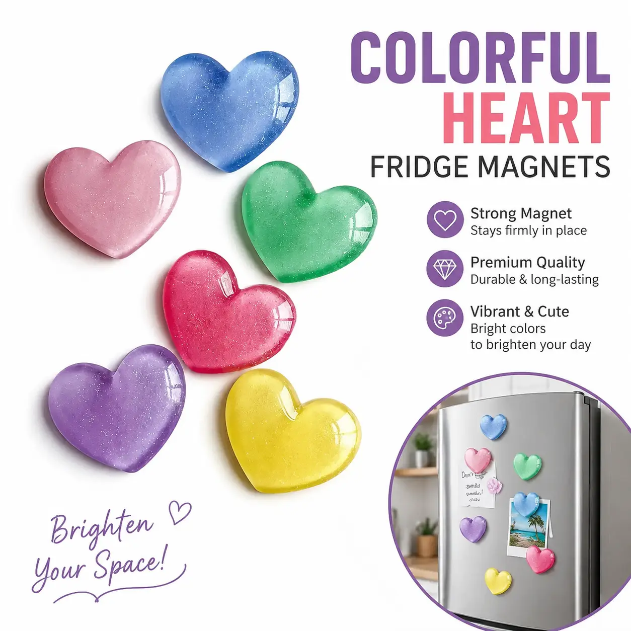 Cute Cartoon Heart Shaped Fridge Magnet, 6 Counts/set Decorative Magnet for Kitchen, Office Whiteboard, Locker & Dishwasher, Perfect Gift, Pastel, Decoration, Multicolor-YY0