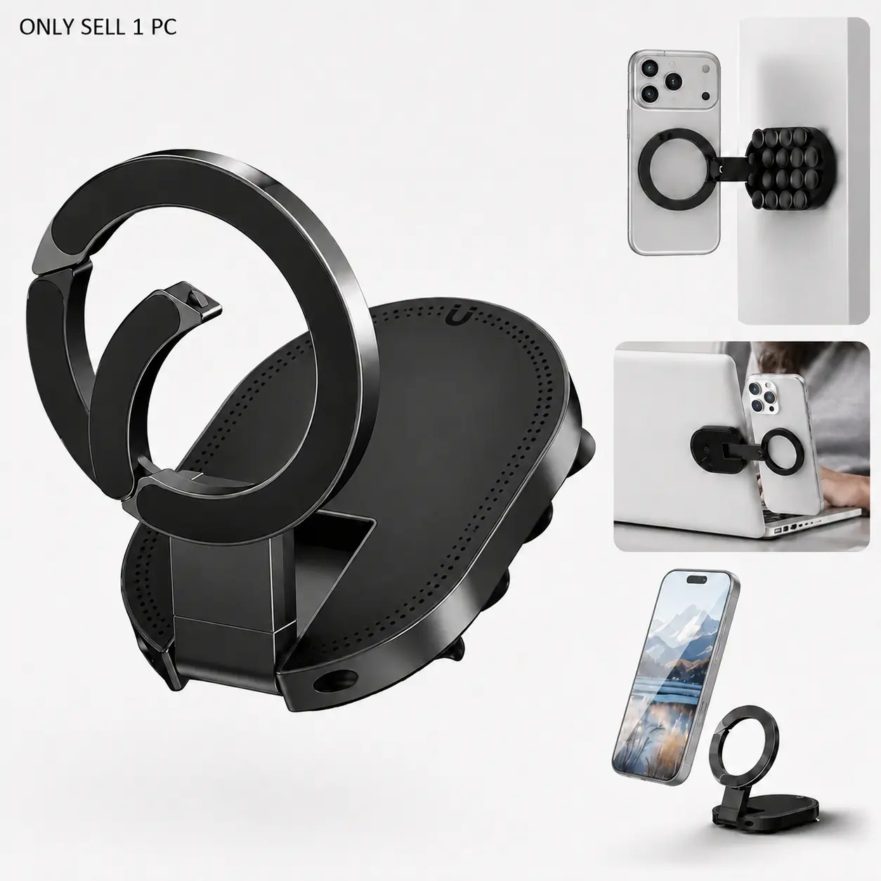3‑in‑1 Magnetic Phone Holder with Suction Cups, 360° Rotatable Foldable Phone Stand, Portable MagSafe‑Compatible Mount for Gym, Mirror, Kitchen, Office & Travel