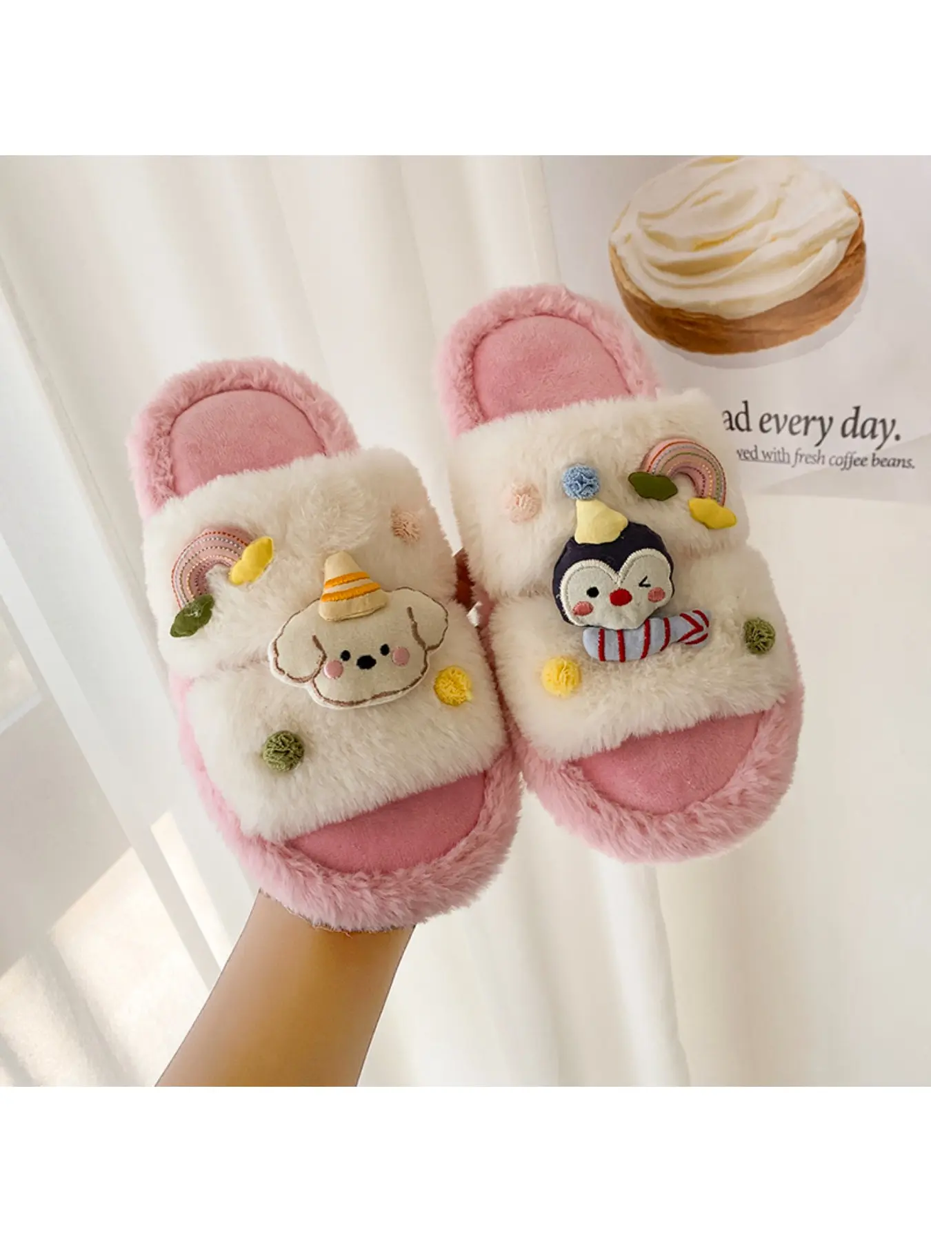 Women's Cute Cartoon Doll Plush Open Toed Slippers, Penguin Puppy Design Soft Bottom Comfortable Home One Word Slipper, Spring and Autumn Warm Sandals