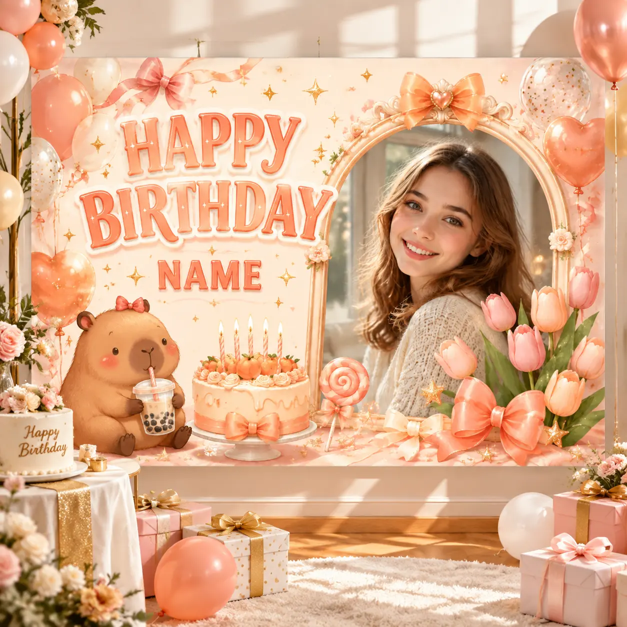 Custom Photo & Name Birthday Backdrop, Peach Teddy Bear Floral Cake Party Banner, Warm Pastel Photo Booth Decor