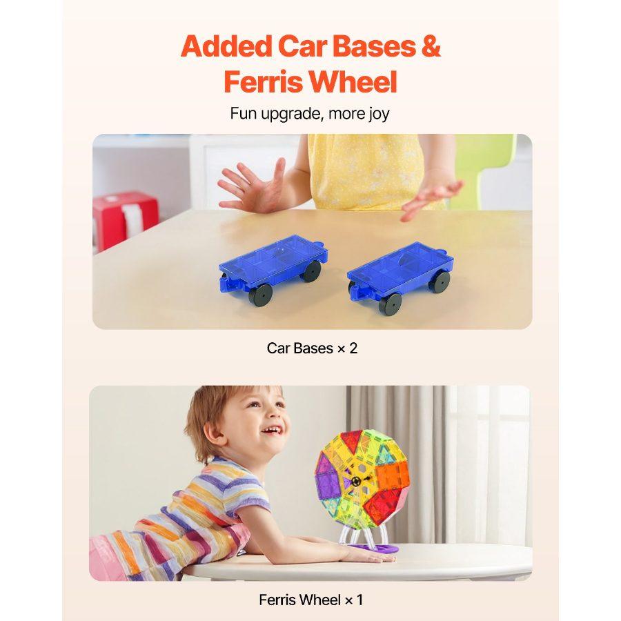 VEVOR Magnetic Tiles, 180 PCS Magnetic Building Blocks for Kids, Magnet Building Set with 2 Car Bases Ferris Wheel Stand, STEM Educational Construction Stacking Toys for Toddlers Boys Girls Aged 5+