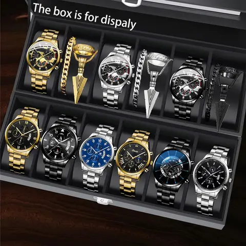 Men's Business Fashion Exquisite Watch Set, Analog Quartz Movement, Including Watch & Necklace & Bracelet & Ring, Perfect Gift for Birthday, Party, Teacher, School, Thanksgiving