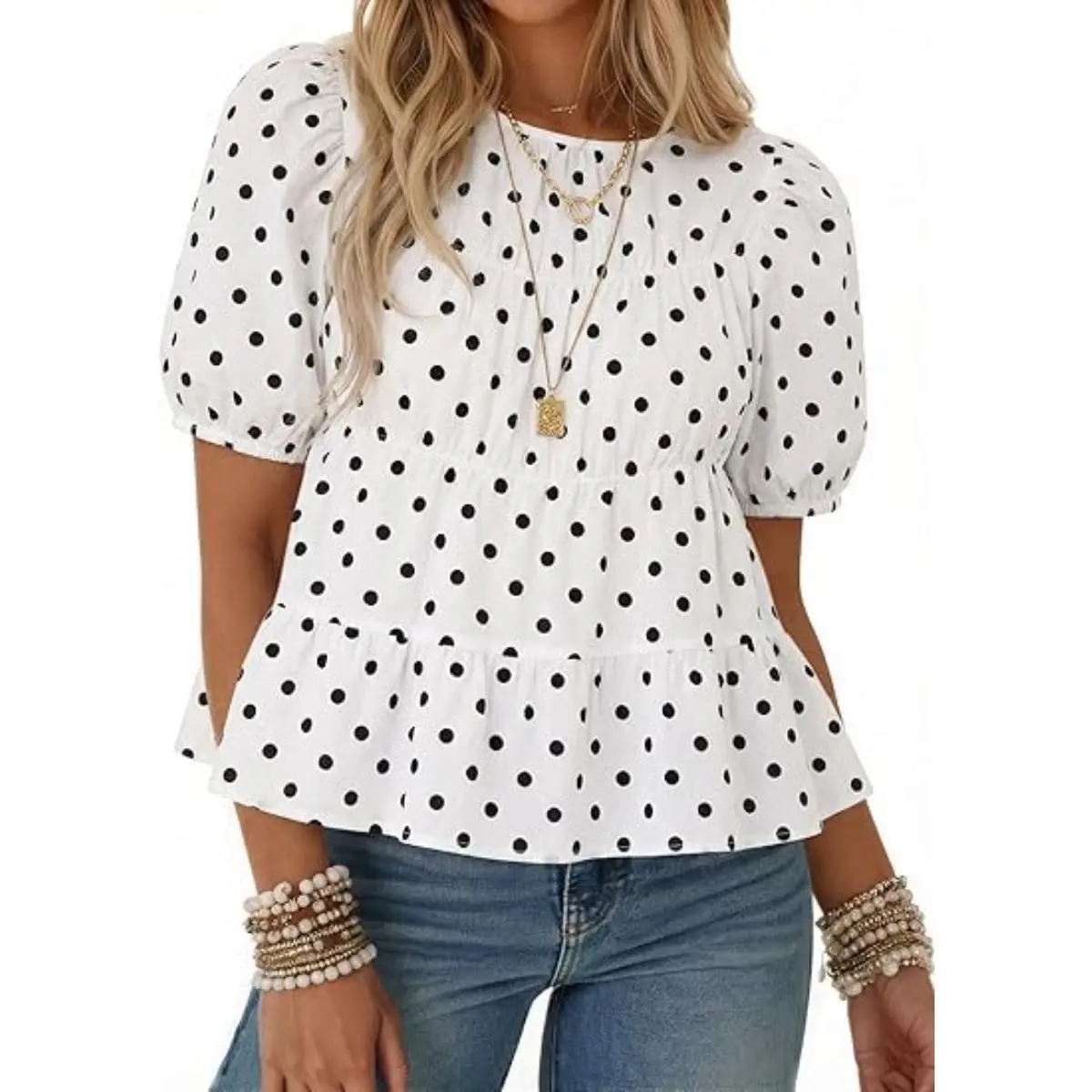 Imily Bela Womens Puff Sleeve Peplum Babydoll Tops Summer Smoked Pleated Cotton T-Shirts Casual Loose Fit Flowy Blouse