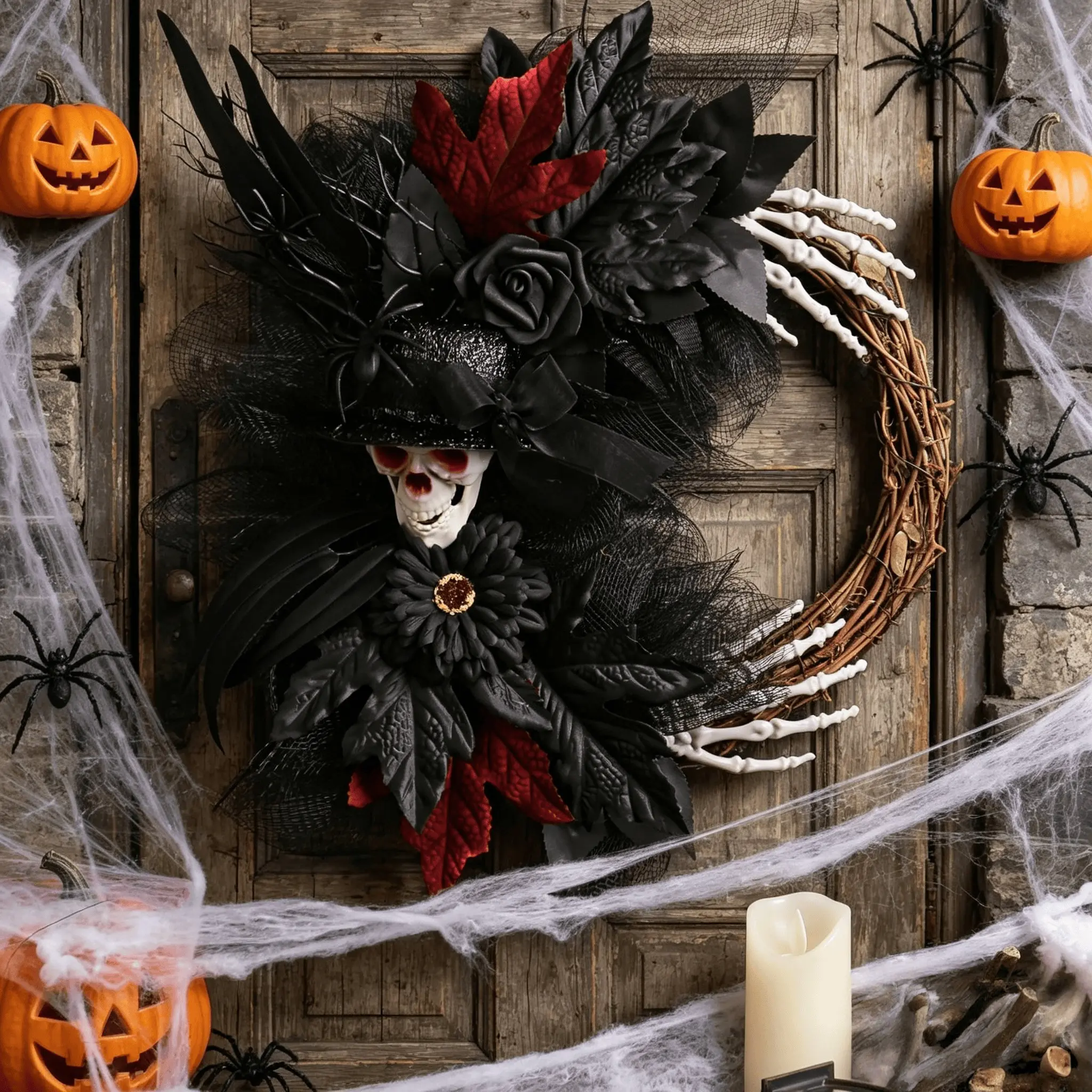 Skull Witch Hat Halloween Twig Wreath, Maple & Rose Mesh, Skeleton Hand Ornaments, Gothic Spooky Porch Wall Swag