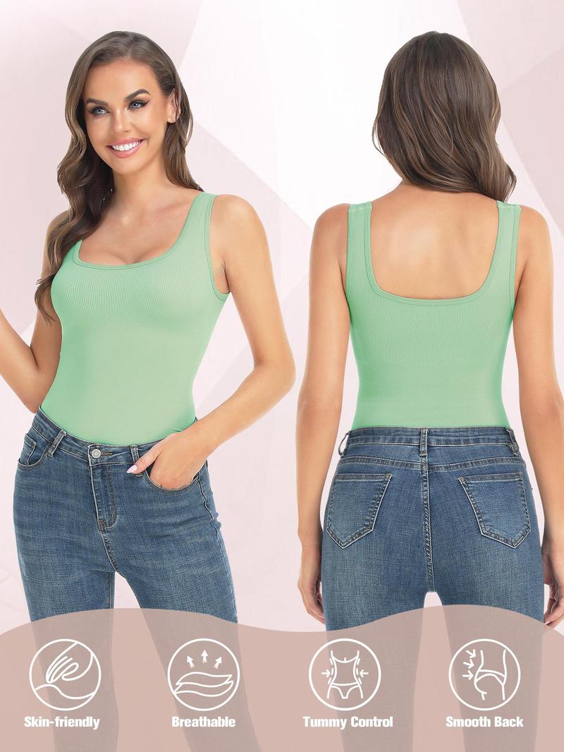 Women's Solid Color Square Neck Shapewear Tank Top, High Stretch Tummy Control Ribbed Compression Shaper Top, Ladies Shapewear for All Seasons