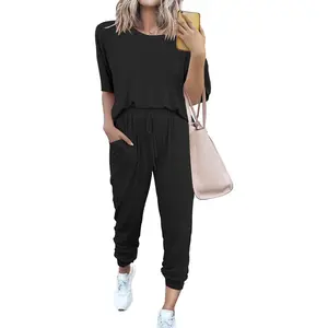 Women's Two Piece Lounge Sets 2026 Spring Summer Jogger Pants Vacation Outfits Travel Airplane Matching Clothes